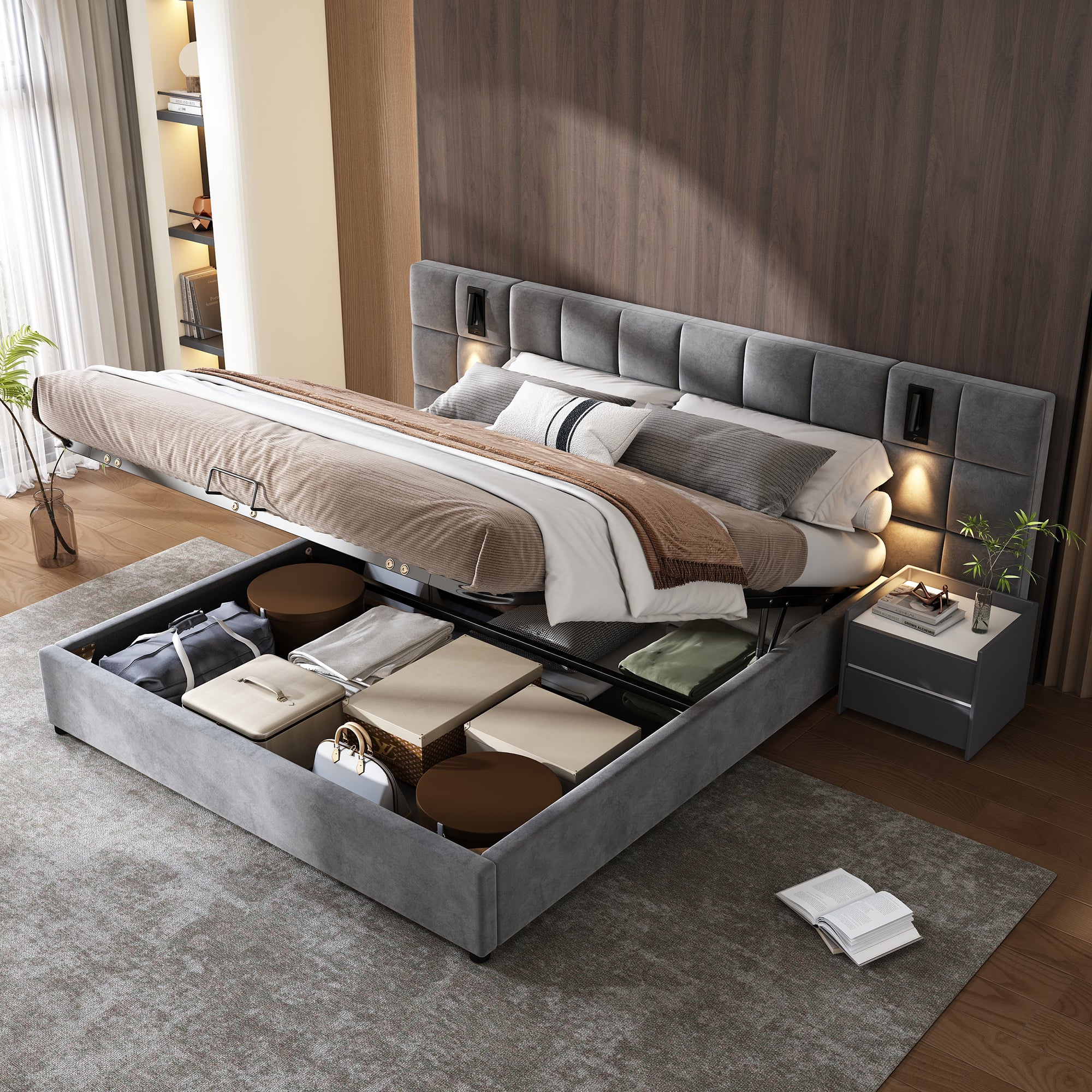Upholstered Bed Super King Size 6ft Hydraulic Storage with Lamp and USB Charging Velvet Grey - Image 2
