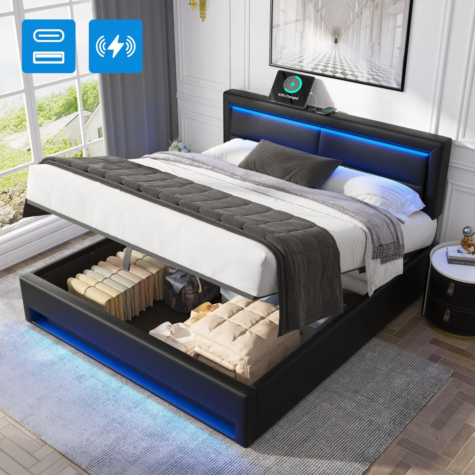 Upholstered Bed Super King Size (6ft) with USB & LED, Storage, PU Lychee Pattern, Black