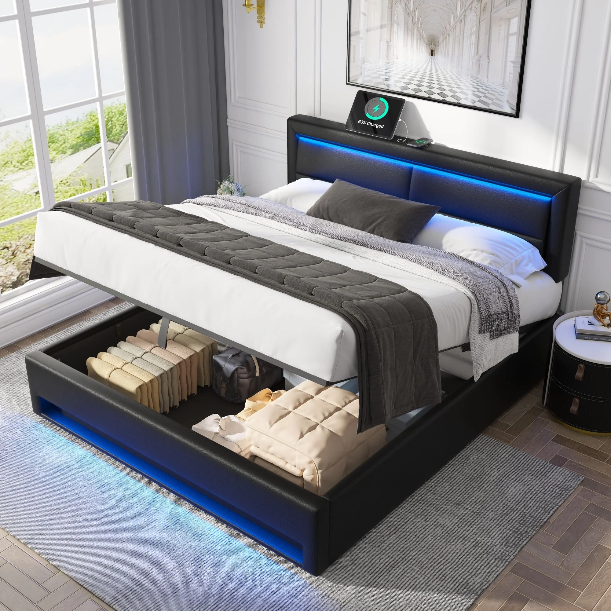 Upholstered Bed Super King Size (6ft) with USB & LED, Storage, PU Lychee Pattern, Black - Image 2