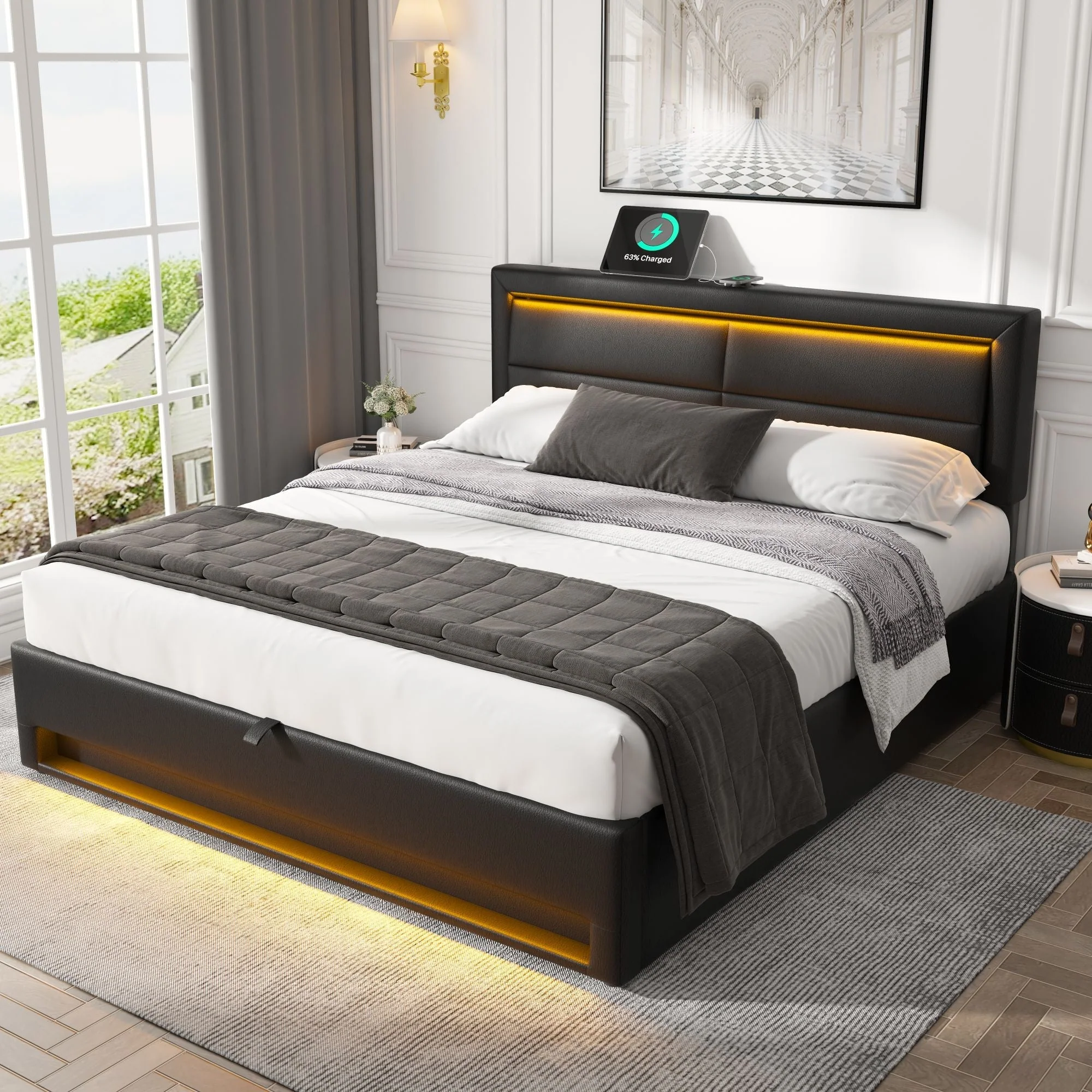 Upholstered Bed Super King Size (6ft) with USB & LED, Storage, PU Lychee Pattern, Black - Image 3