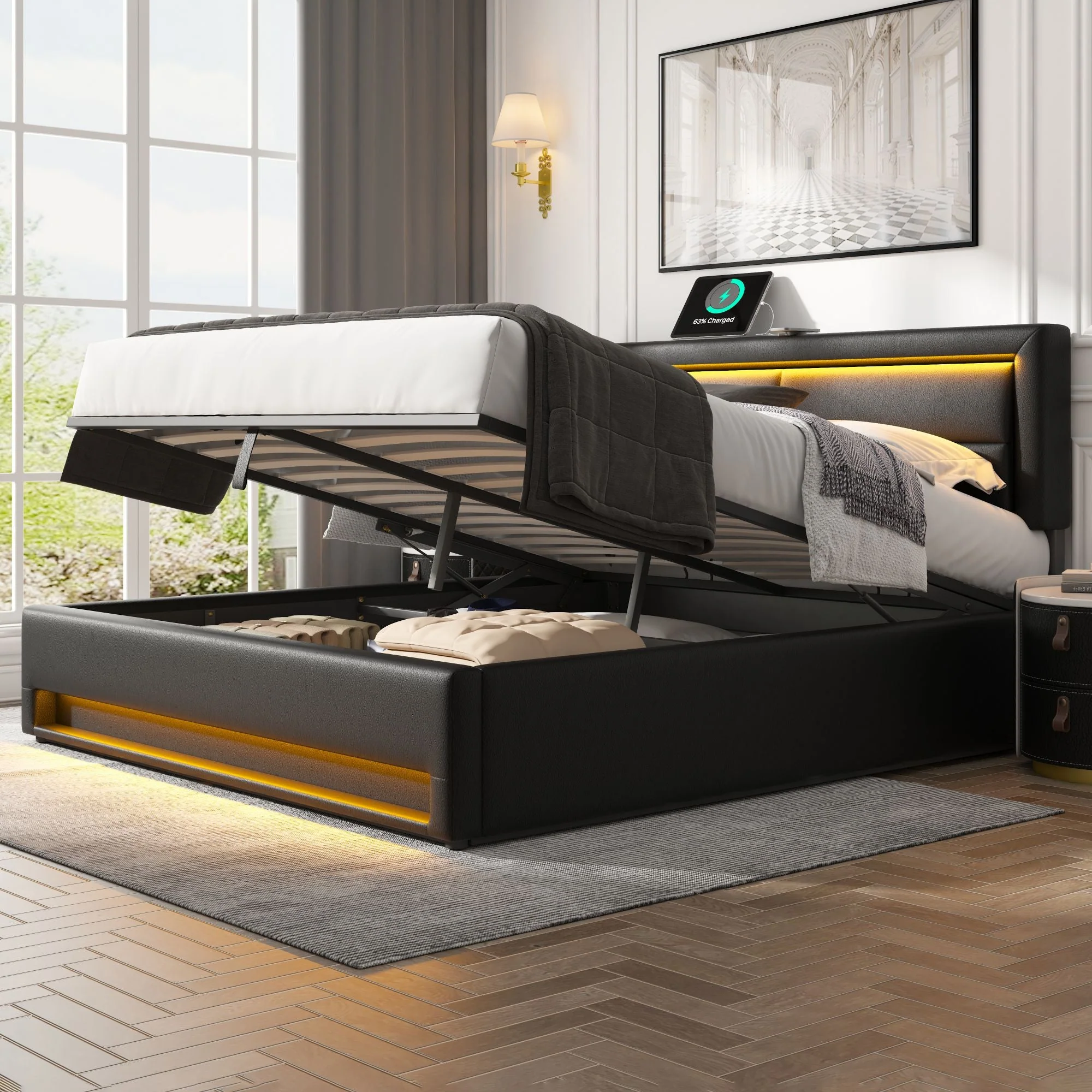 Upholstered Bed Super King Size (6ft) with USB & LED, Storage, PU Lychee Pattern, Black - Image 4