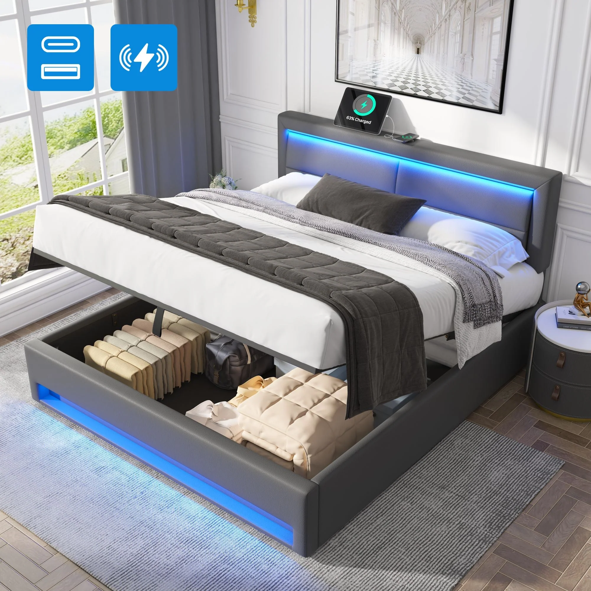 Upholstered Bed Super King Size (6ft), with USB Port (Wireless & Wired Charging), LED Lighting & Storage, without Mattress, PU Lychee Pattern, Grey