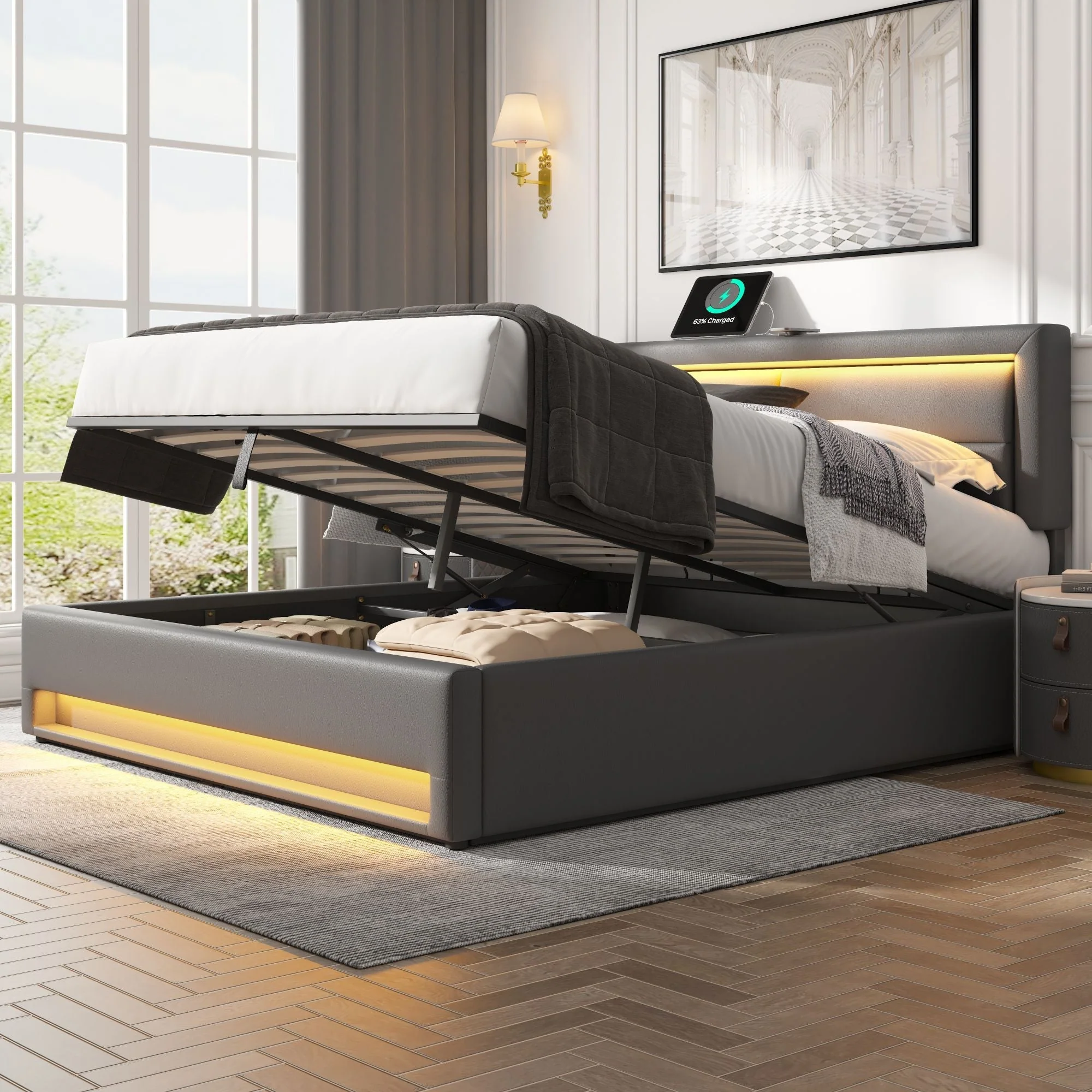 Upholstered Bed Super King Size (6ft), with USB Port (Wireless & Wired Charging), LED Lighting & Storage, without Mattress, PU Lychee Pattern, Grey - Image 2
