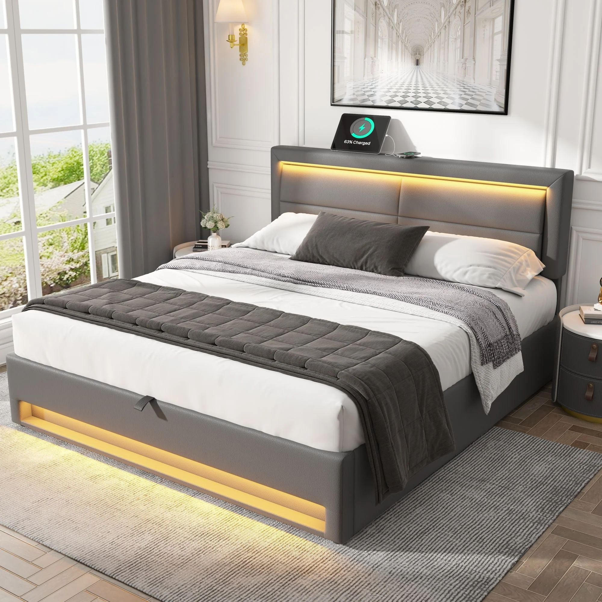 Upholstered Bed Super King Size (6ft), with USB Port (Wireless & Wired Charging), LED Lighting & Storage, without Mattress, PU Lychee Pattern, Grey - Image 3