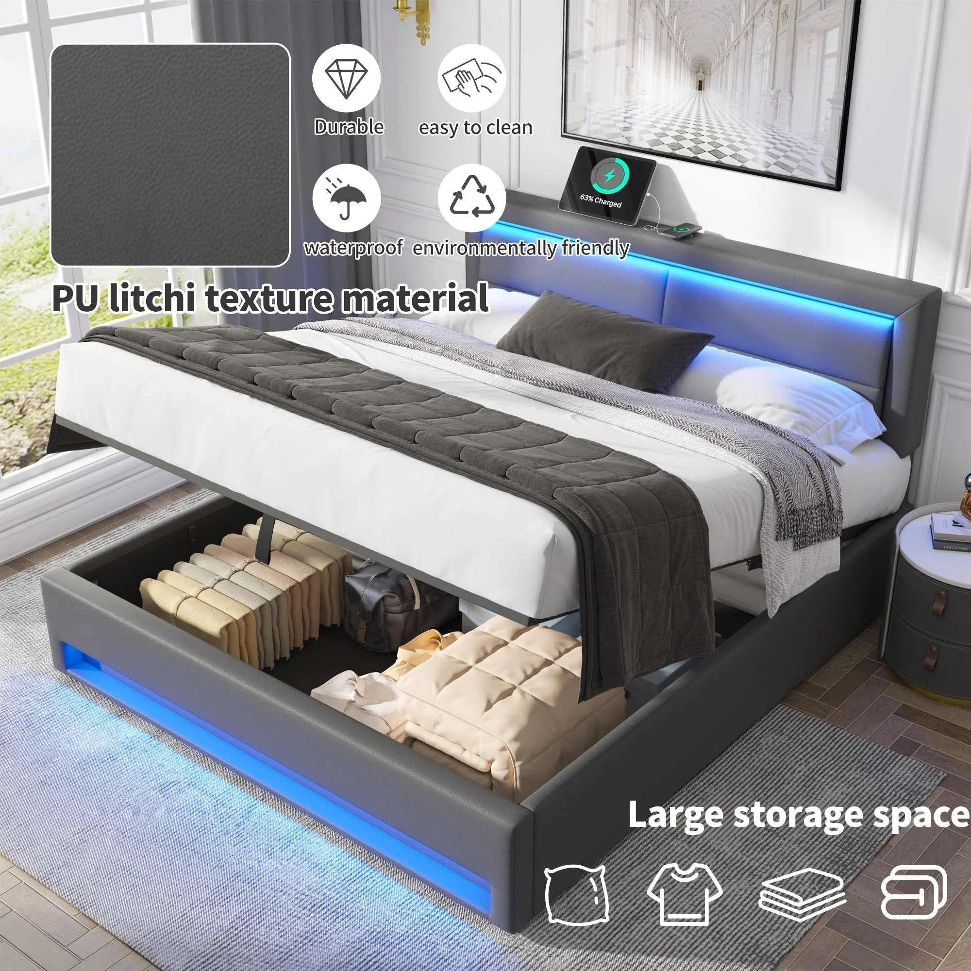 Upholstered Bed Super King Size (6ft), with USB Port (Wireless & Wired Charging), LED Lighting & Storage, without Mattress, PU Lychee Pattern, Grey - Image 4