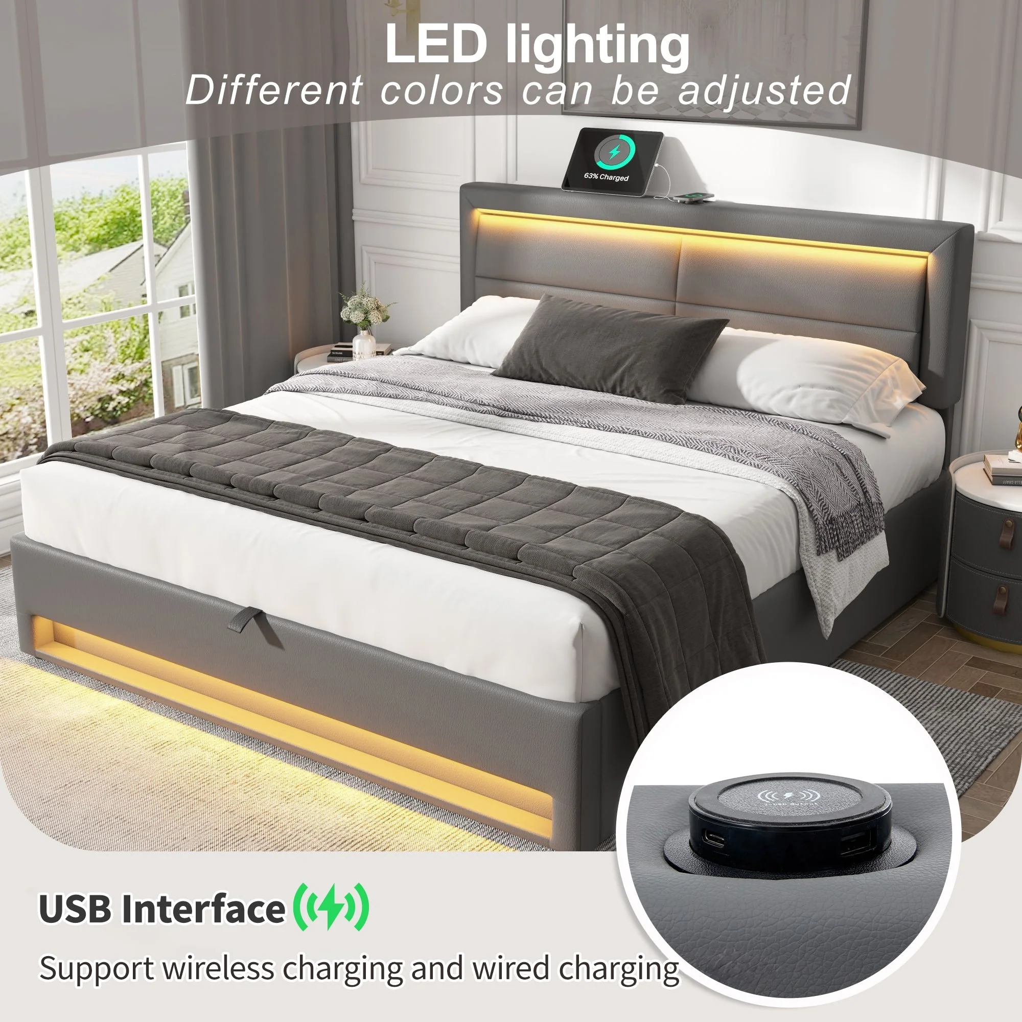 Upholstered Bed Super King Size (6ft), with USB Port (Wireless & Wired Charging), LED Lighting & Storage, without Mattress, PU Lychee Pattern, Grey - Image 5