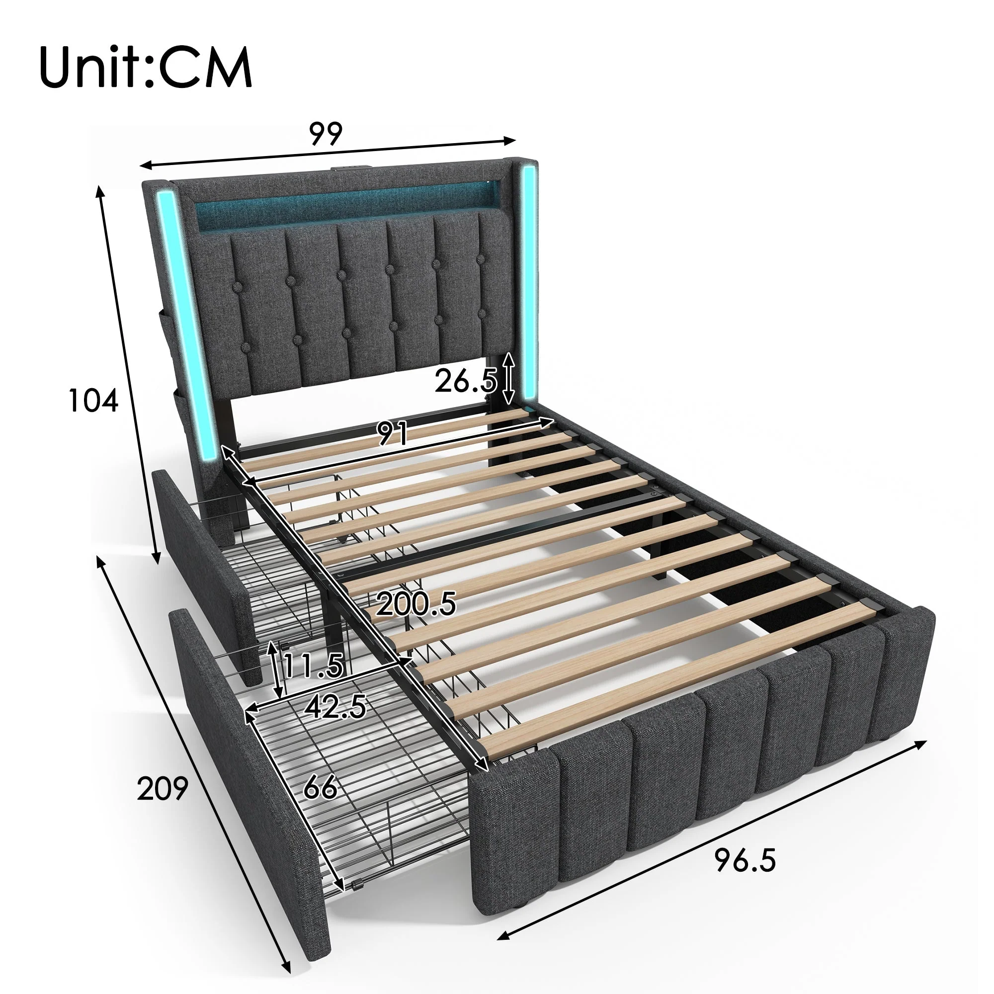 Upholstered Bed, USB-C, LED, 2 Drawers, Grey Fabric - Image 3