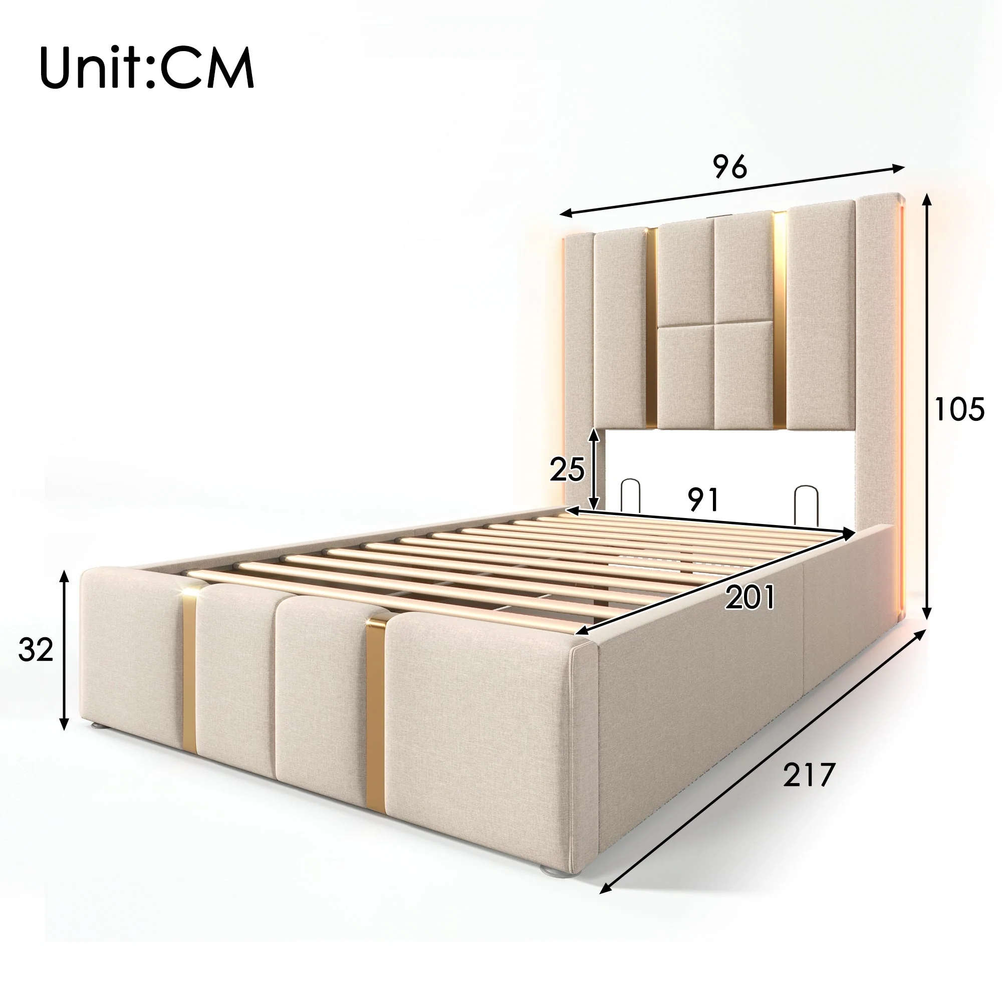 Upholstered Bed, USB-C LED Single with Storage, Beige Linen - Image 3