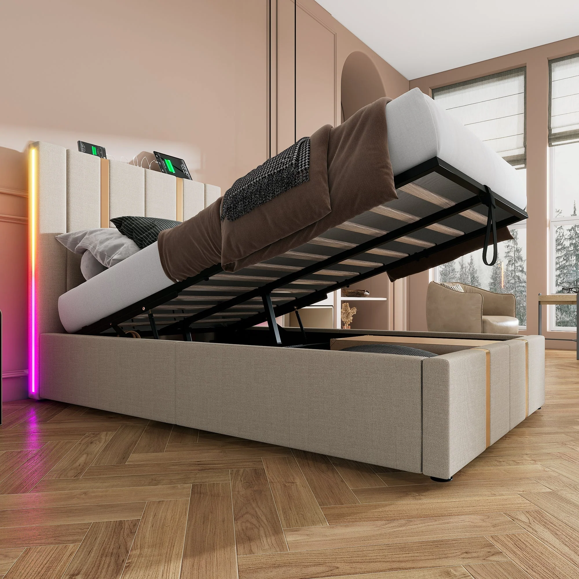 Upholstered Bed, USB-C LED Single with Storage, Beige Linen - Image 7