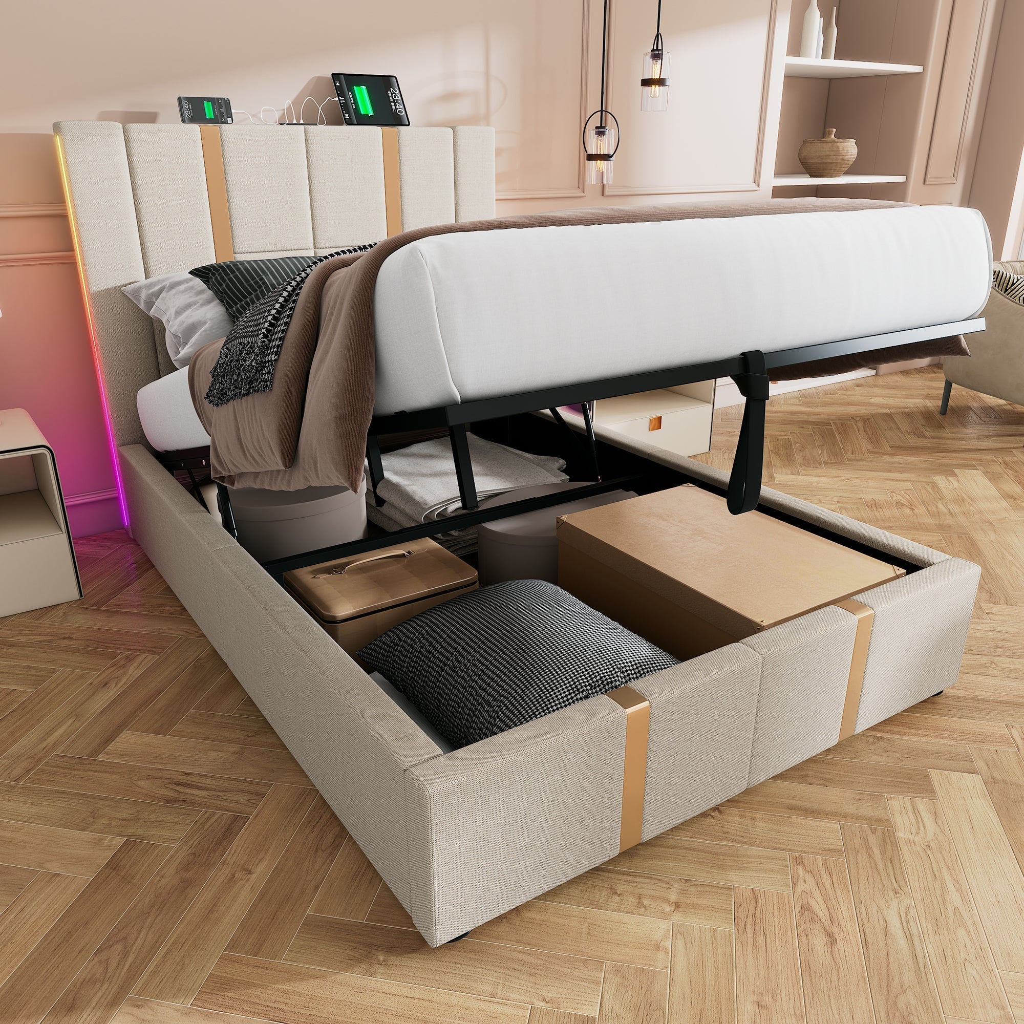 Upholstered Bed, USB-C LED Single with Storage, Beige Linen - Image 9