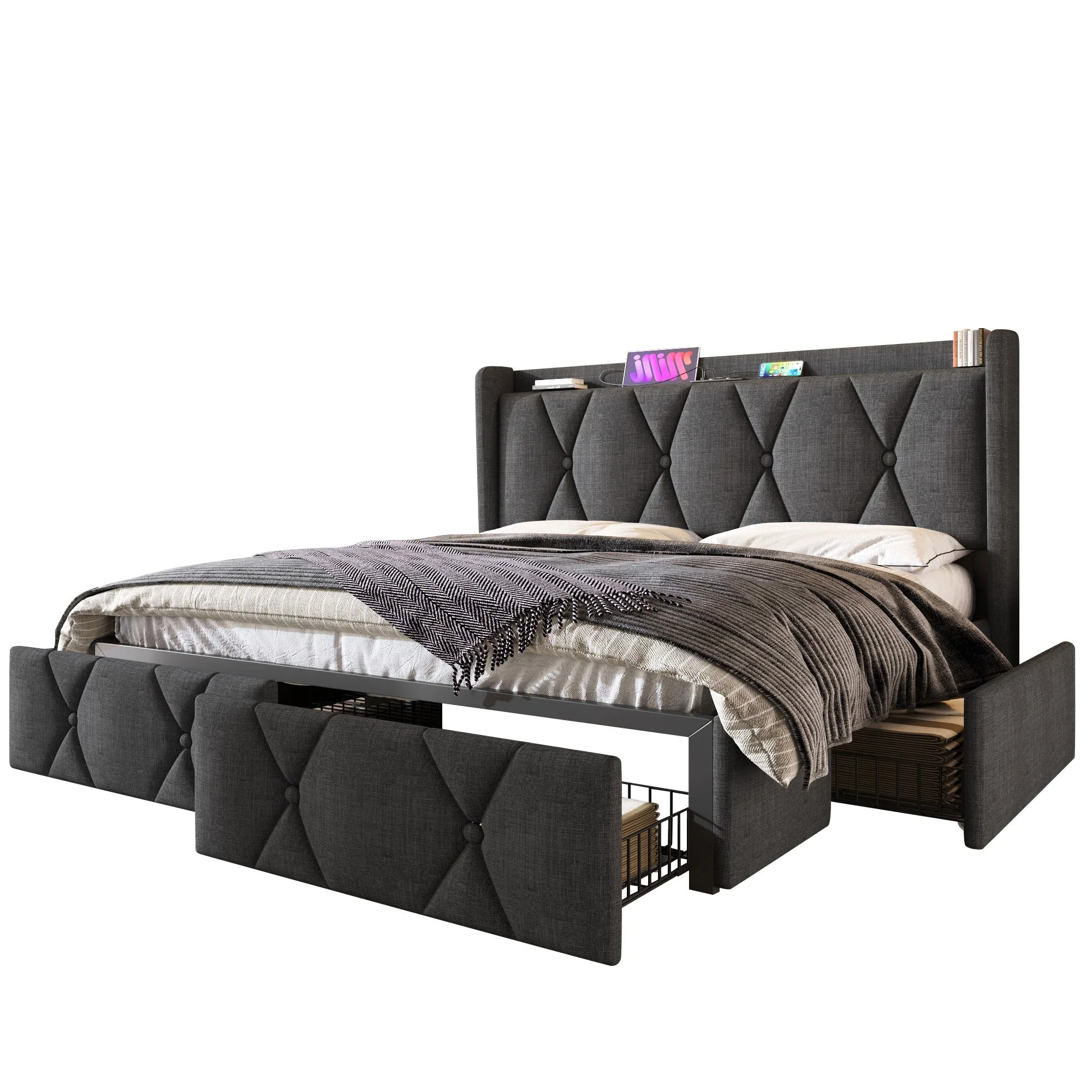 Upholstered Bed, USB Charging Headboard, 4 Drawers, 160x200cm, Gray Linen - Image 10