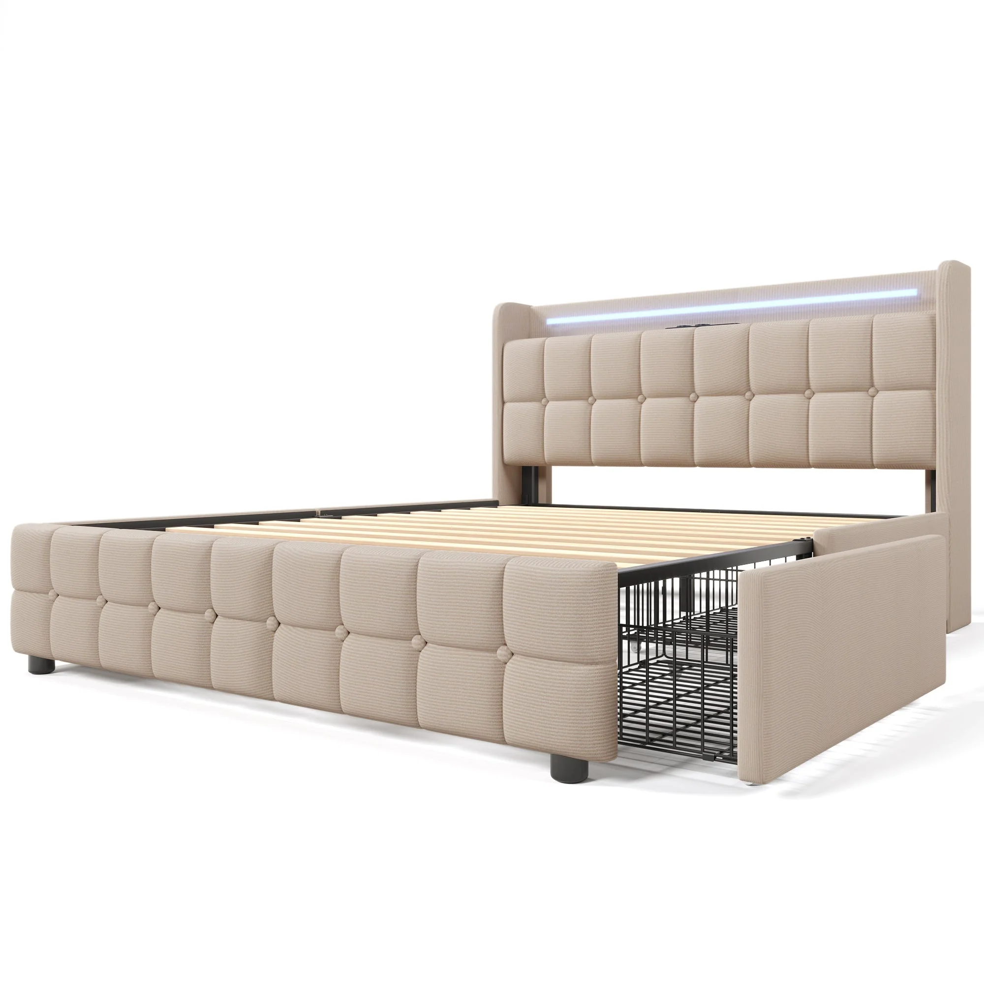 Upholstered Bed, USB Charging LED Headboard 4 Drawers, Beige - Image 5