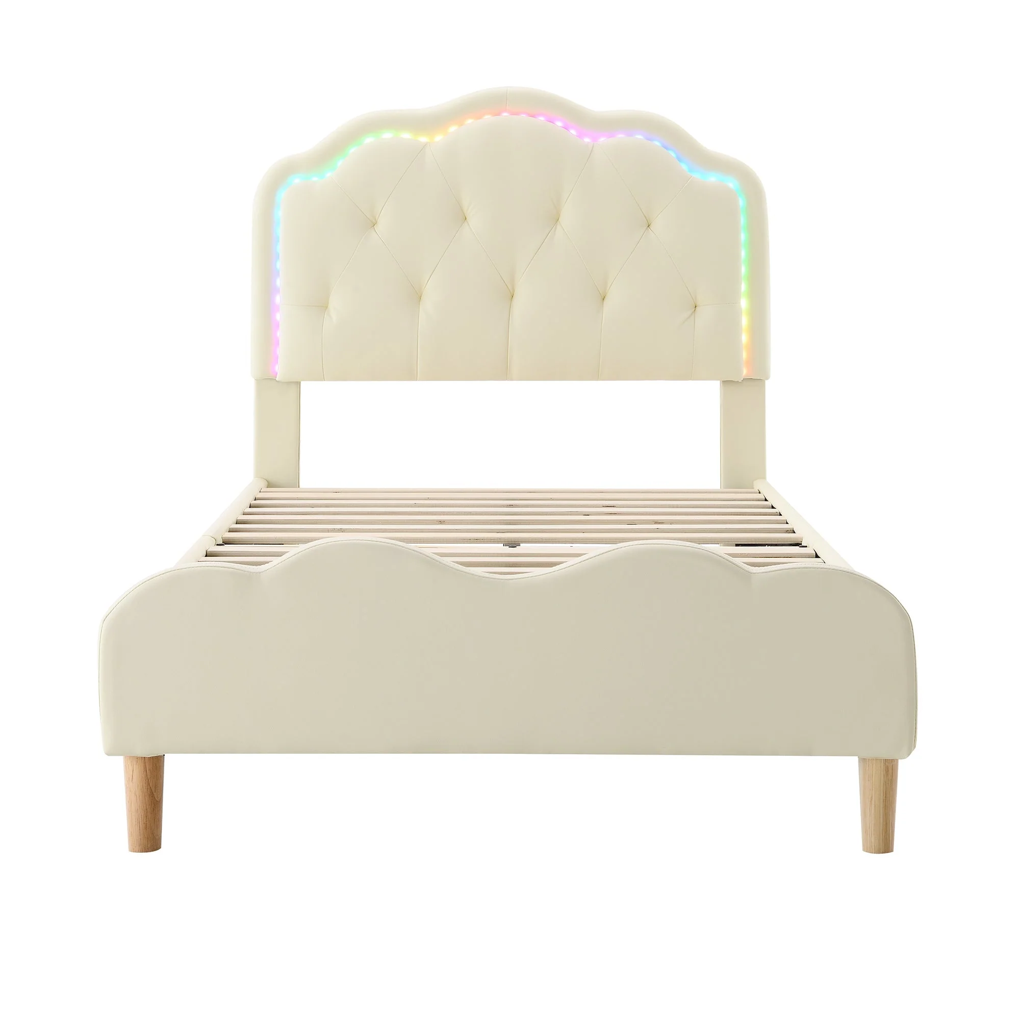 Upholstered bed, wave-shaped headboard, LED strips, wooden slats, white PU, 90x200cm - Image 11
