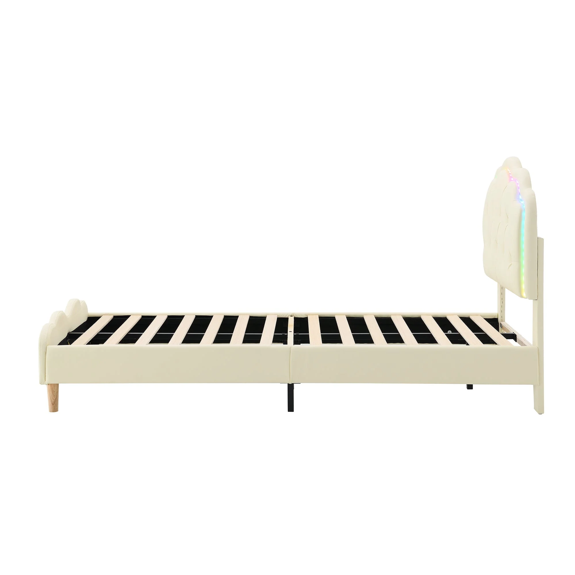 Upholstered bed, wave-shaped headboard, LED strips, wooden slats, white PU, 90x200cm - Image 12