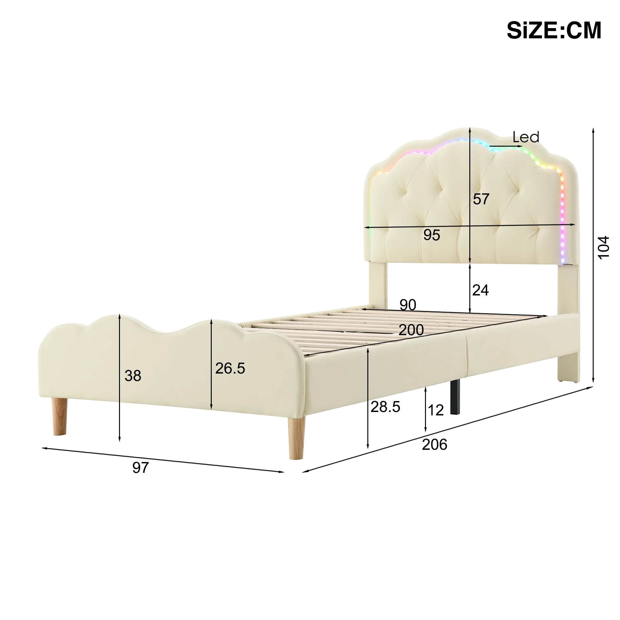 Upholstered bed, wave-shaped headboard, LED strips, wooden slats, white PU, 90x200cm - Image 4