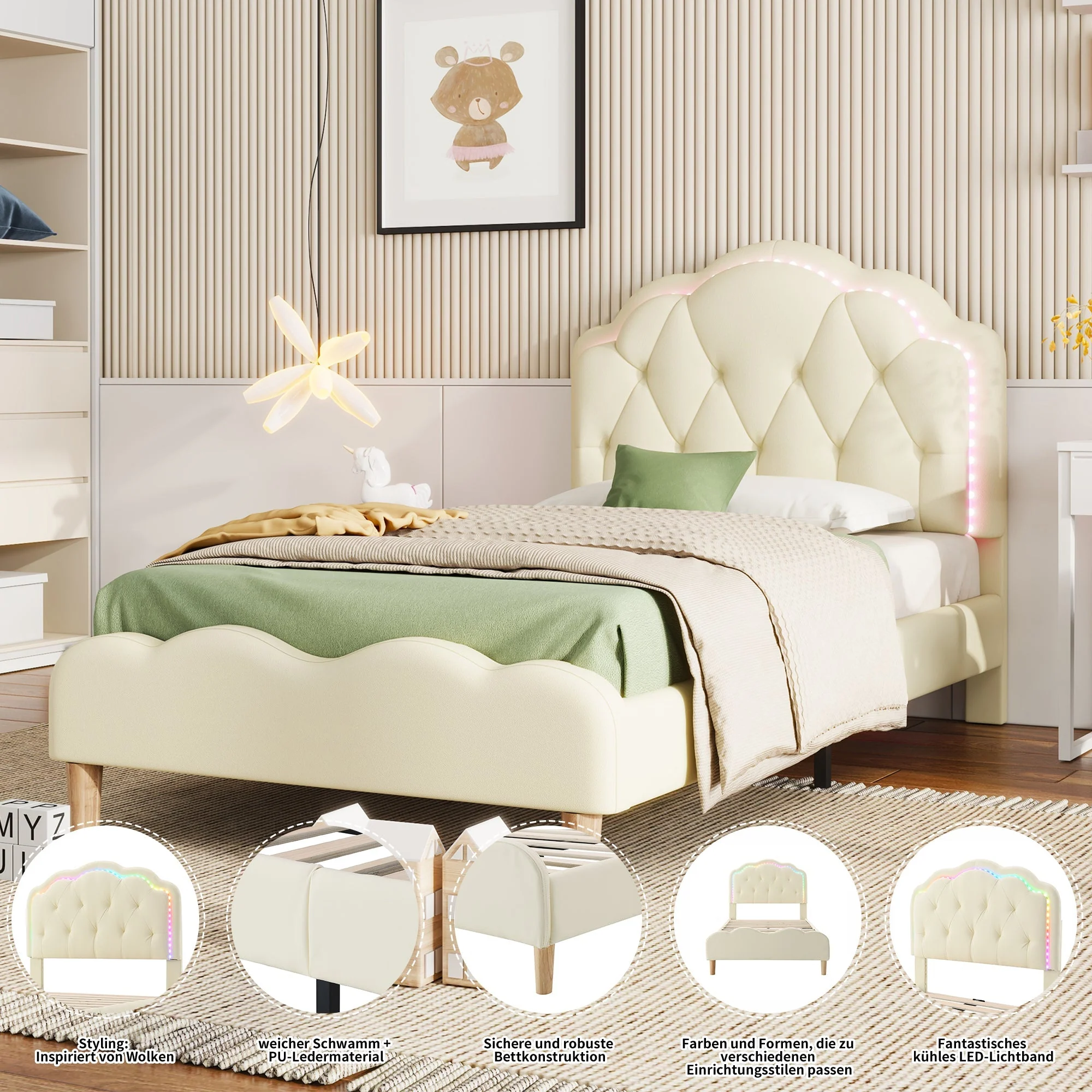 Upholstered bed, wave-shaped headboard, LED strips, wooden slats, white PU, 90x200cm - Image 5