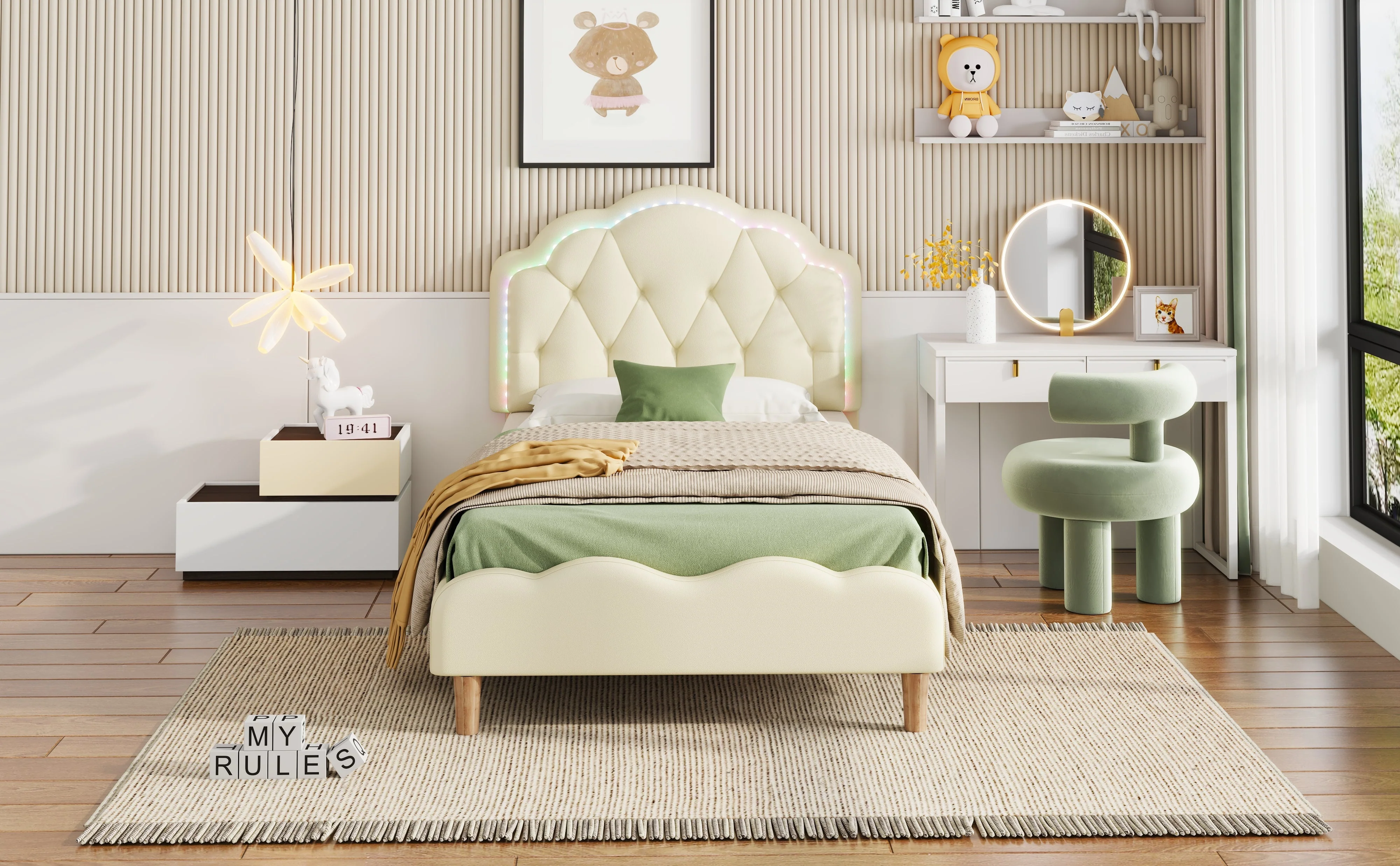 Upholstered bed, wave-shaped headboard, LED strips, wooden slats, white PU, 90x200cm - Image 8