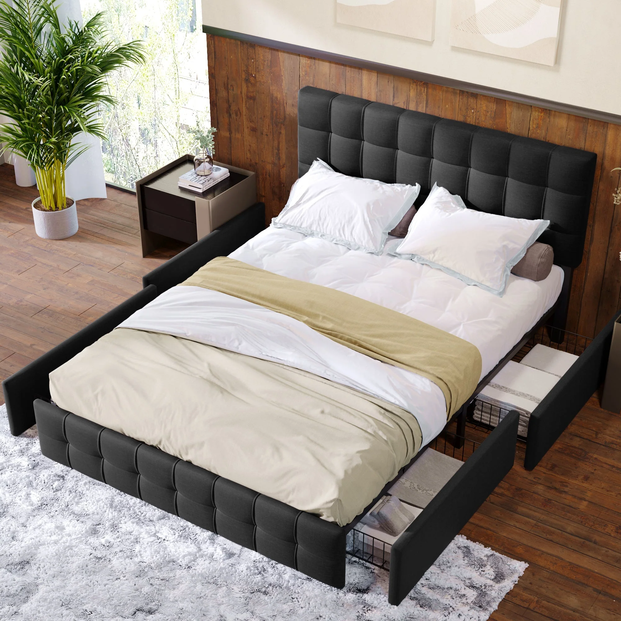 Upholstered Bed with 4 Drawers, Adjustable Headboard, 140x200cm, Black Linen - Image 5
