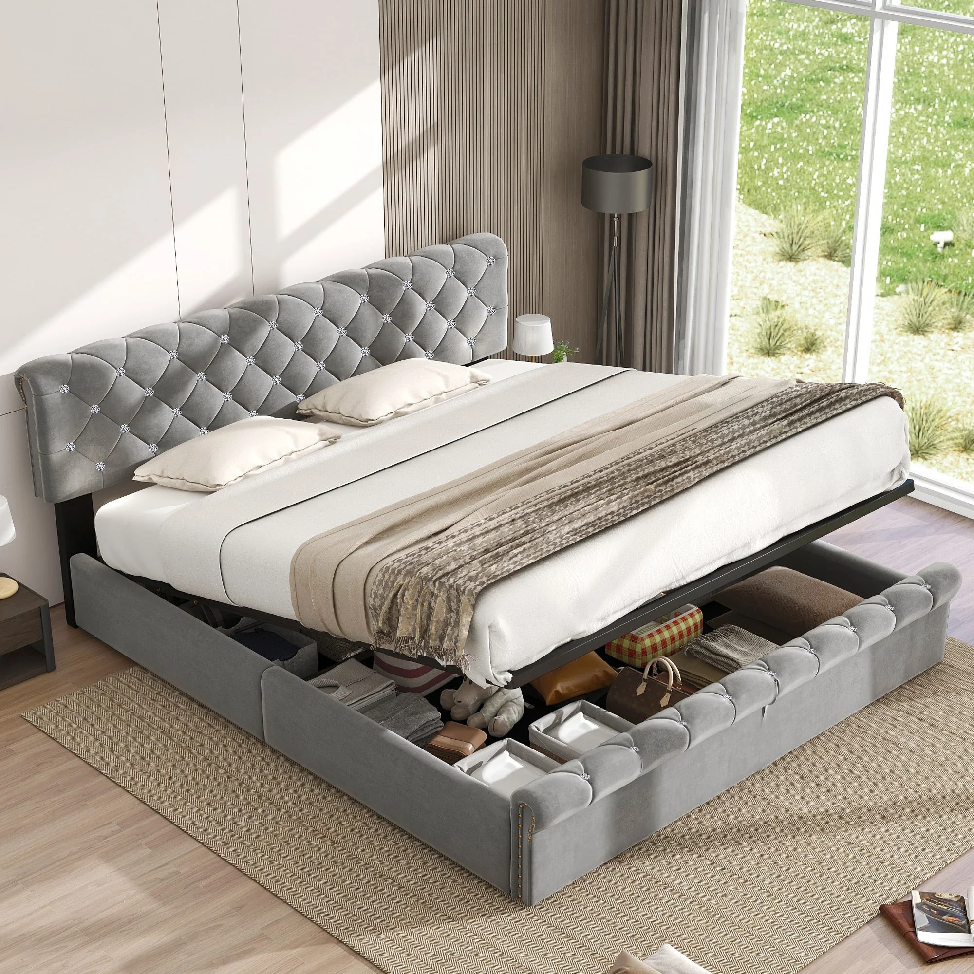 Upholstered Bed with Adjustable Headboard and Slatted Base, 160x200cm, Grey Velvet - Image 2