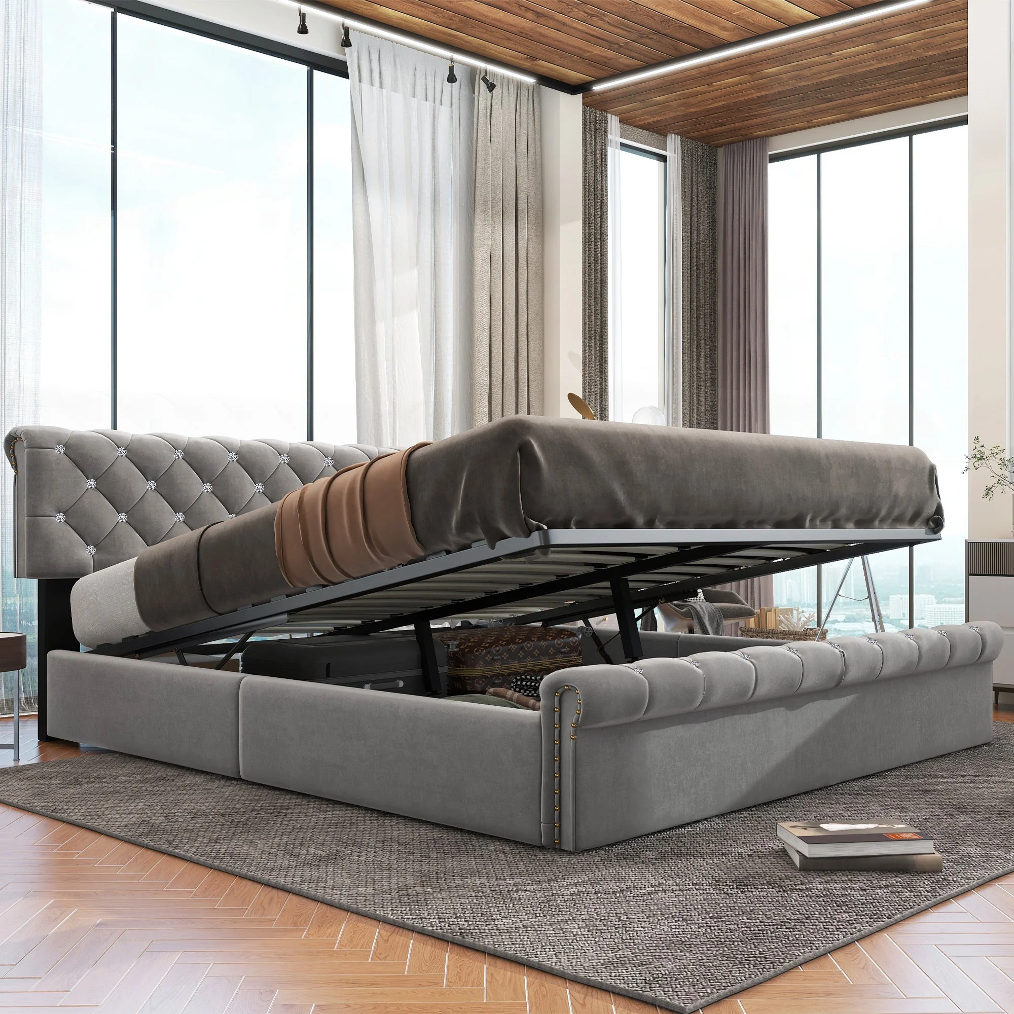 Upholstered Bed with Adjustable Headboard and Slatted Base, 160x200cm, Grey Velvet - Image 4