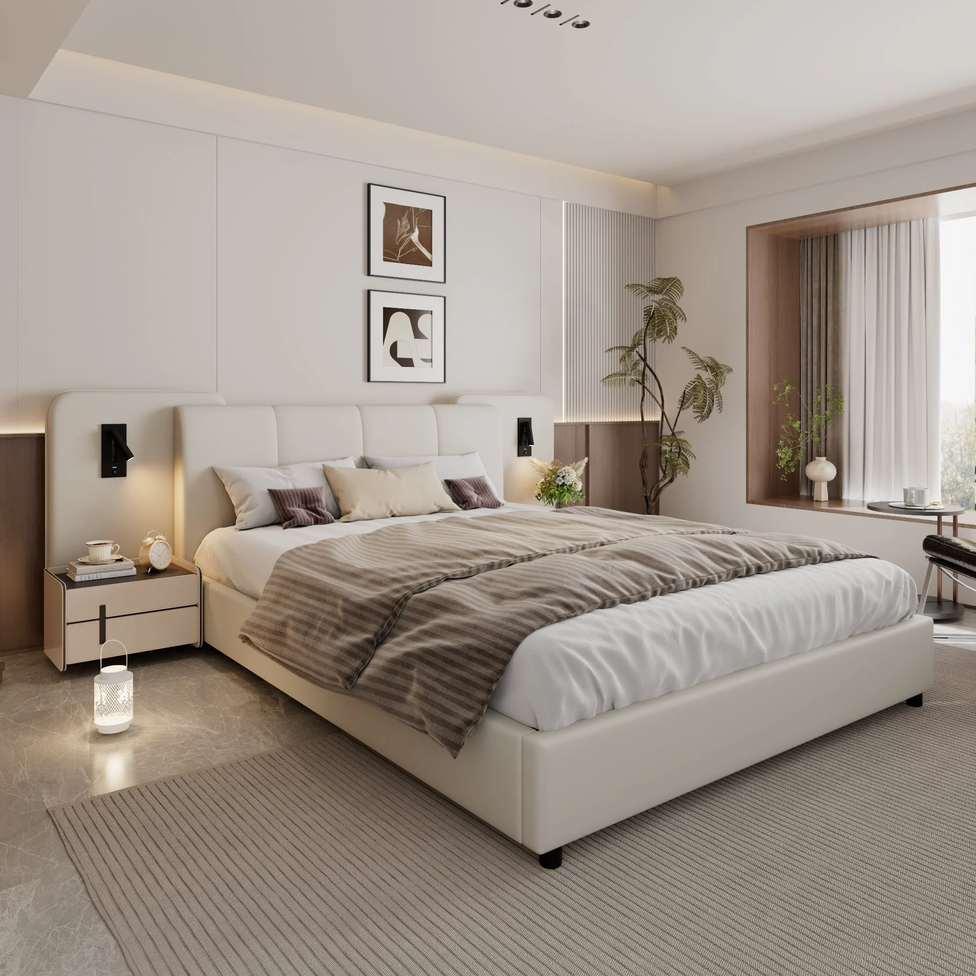 Upholstered Bed with Charging Port and Lighting, 4ft6 Double 135x190cm, Soft Sponge Headboard Backrest, Anti-collision Sponge Filling, PU + Plywood, Beige