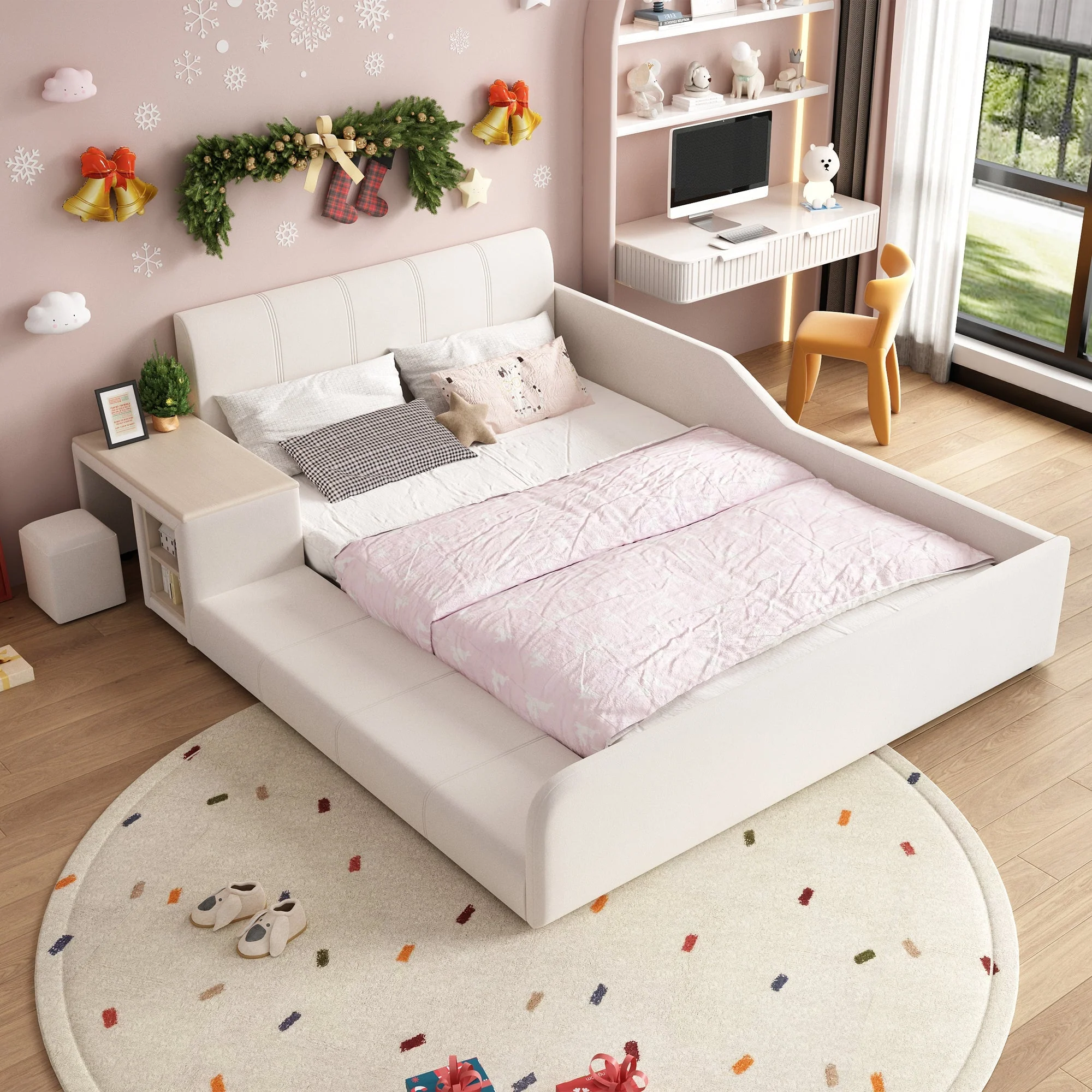 Upholstered Bed with Desk, Stool and Storage Shelf, 140x200cm, White Velvet - Image 4