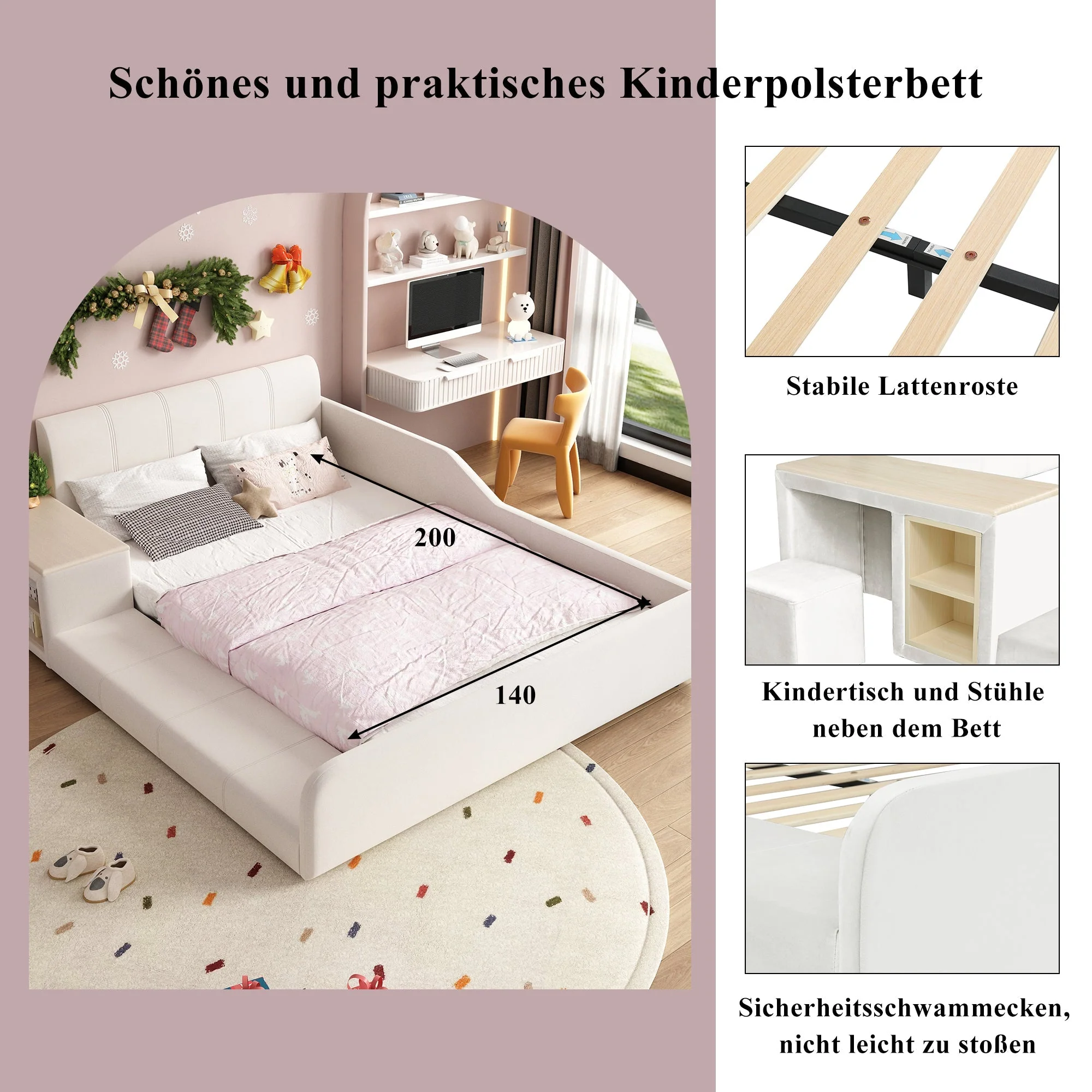 Upholstered Bed with Desk, Stool and Storage Shelf, 140x200cm, White Velvet - Image 8