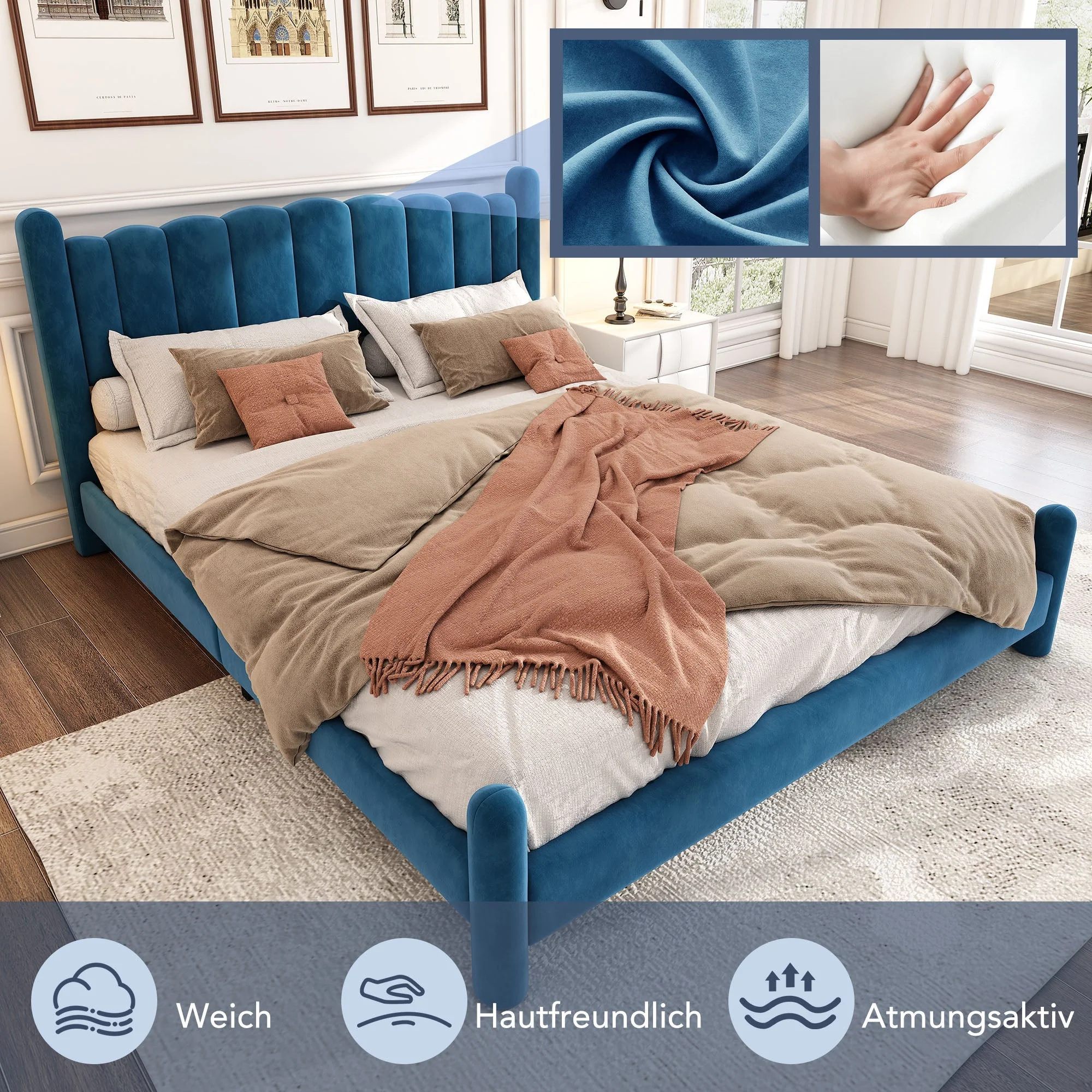 Upholstered Bed with Fan-Shaped Headboard and Slatted Base, 140x200cm, Blue Velvet - Image 4