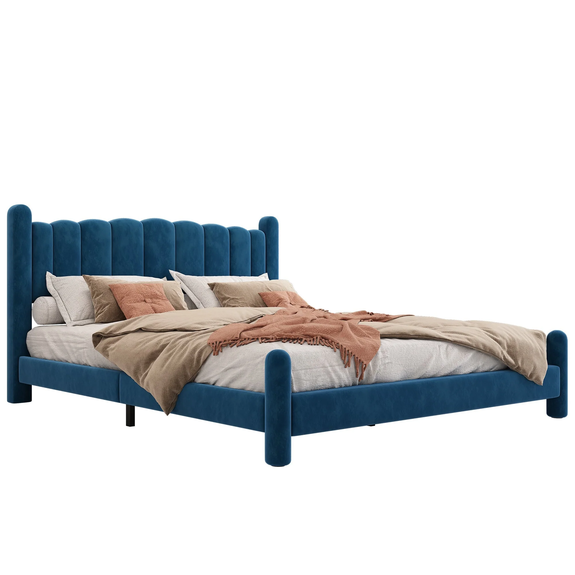 Upholstered Bed with Fan-Shaped Headboard and Slatted Base, 140x200cm, Blue Velvet - Image 6