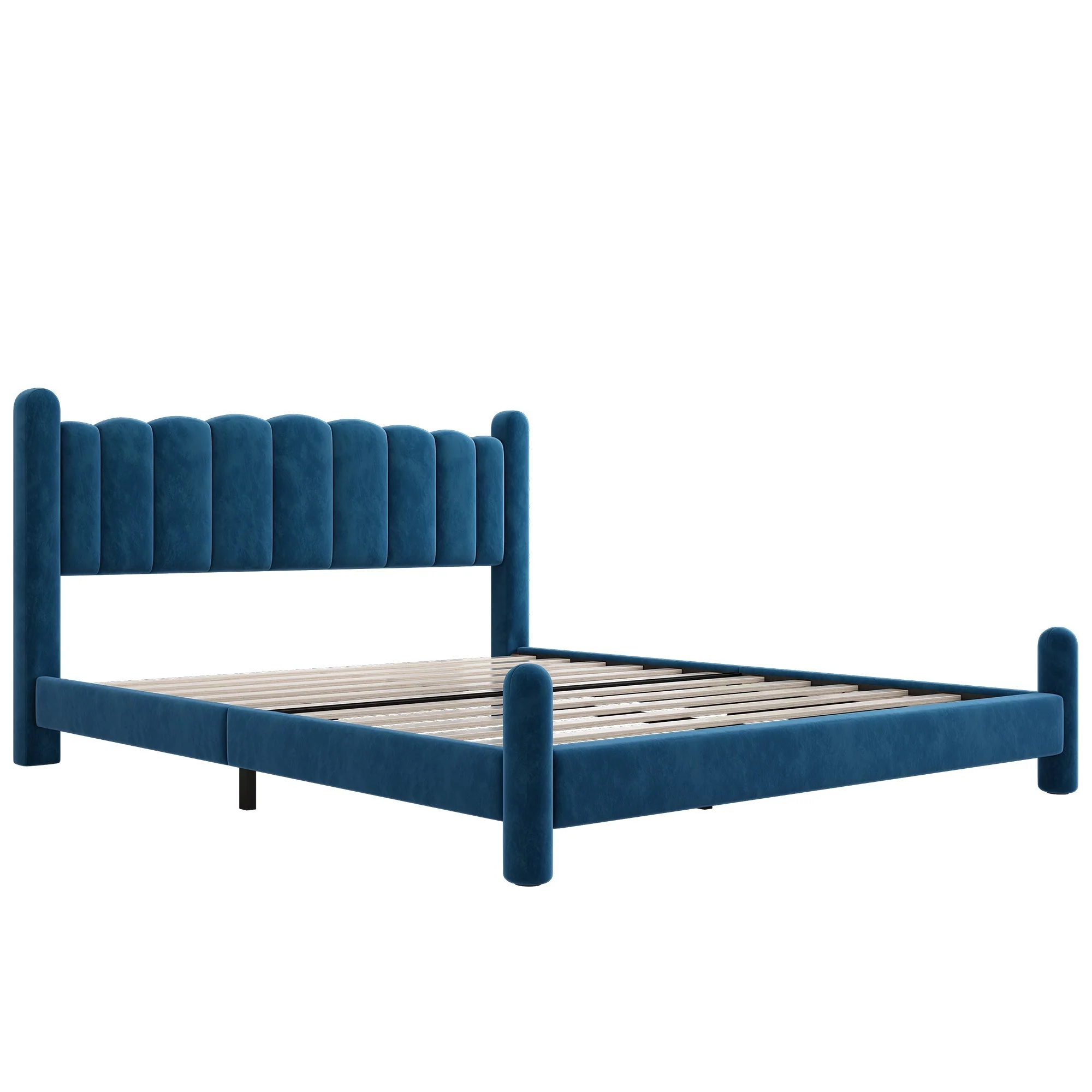 Upholstered Bed with Fan-Shaped Headboard and Slatted Base, 140x200cm, Blue Velvet - Image 8
