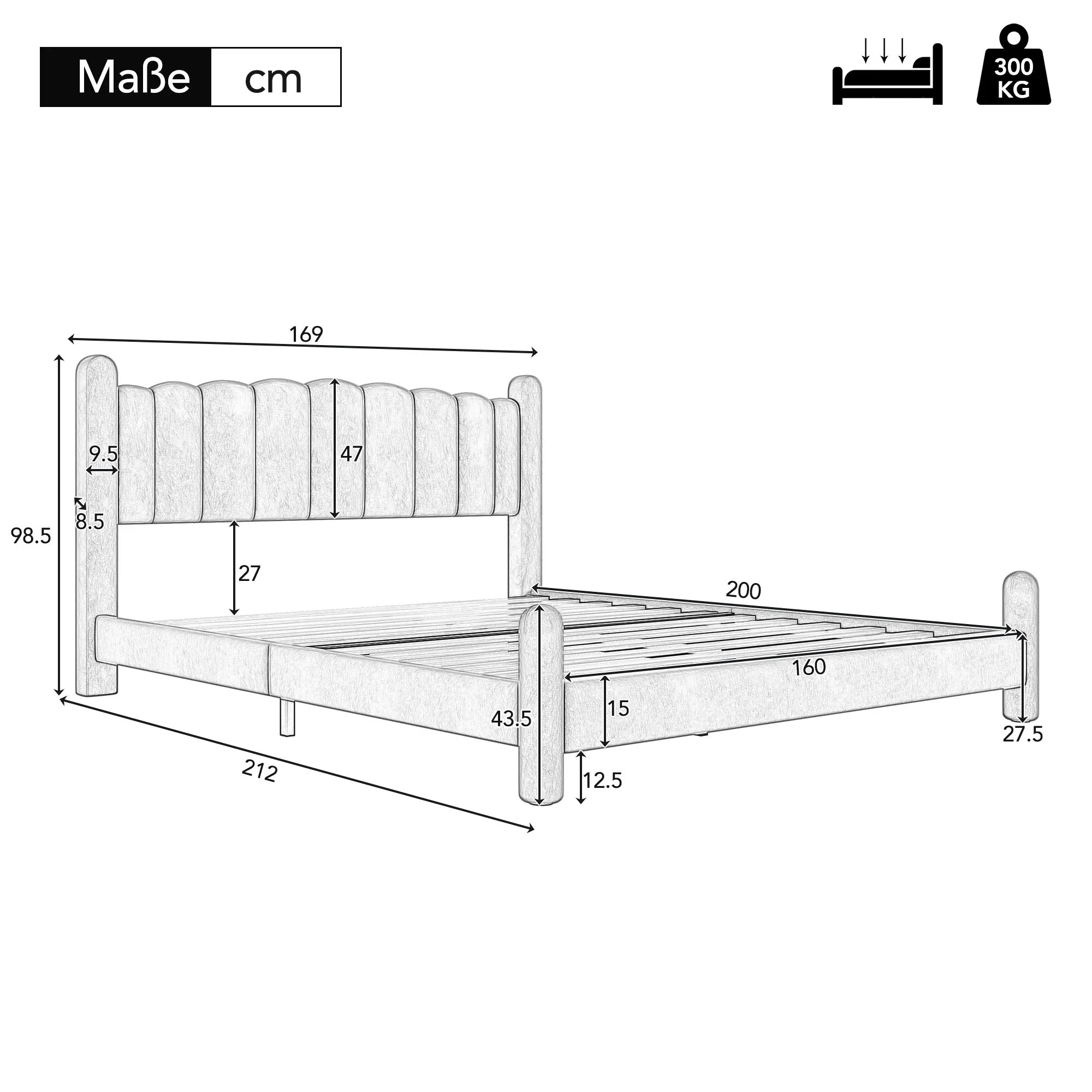 Upholstered Bed with Fan-Shaped Headboard and Slatted Base, 160x200cm, Blue Velvet - Image 7