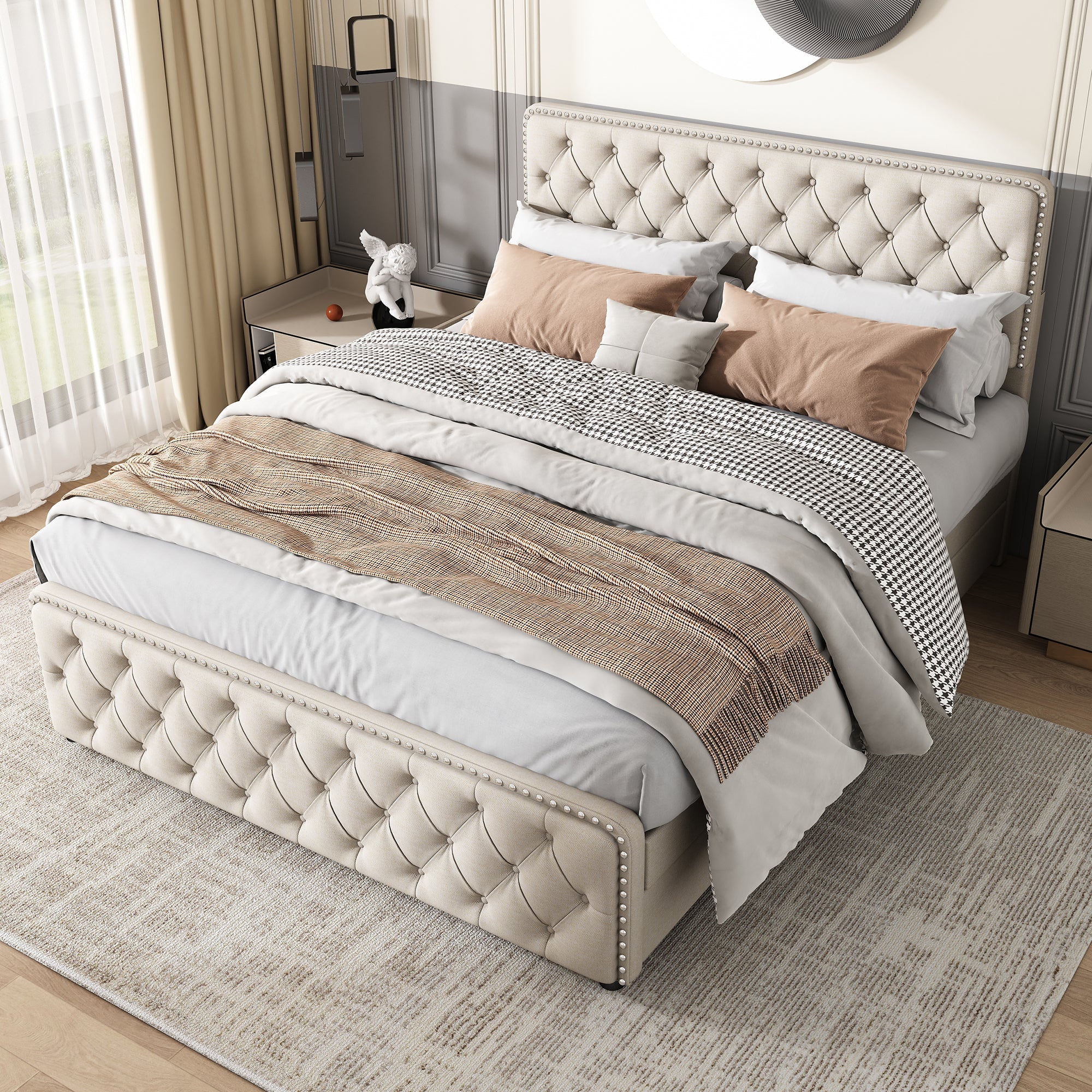 Upholstered Bed with Four Drawers and Adjustable Headboard, 140x200cm, Beige Linen - Image 3
