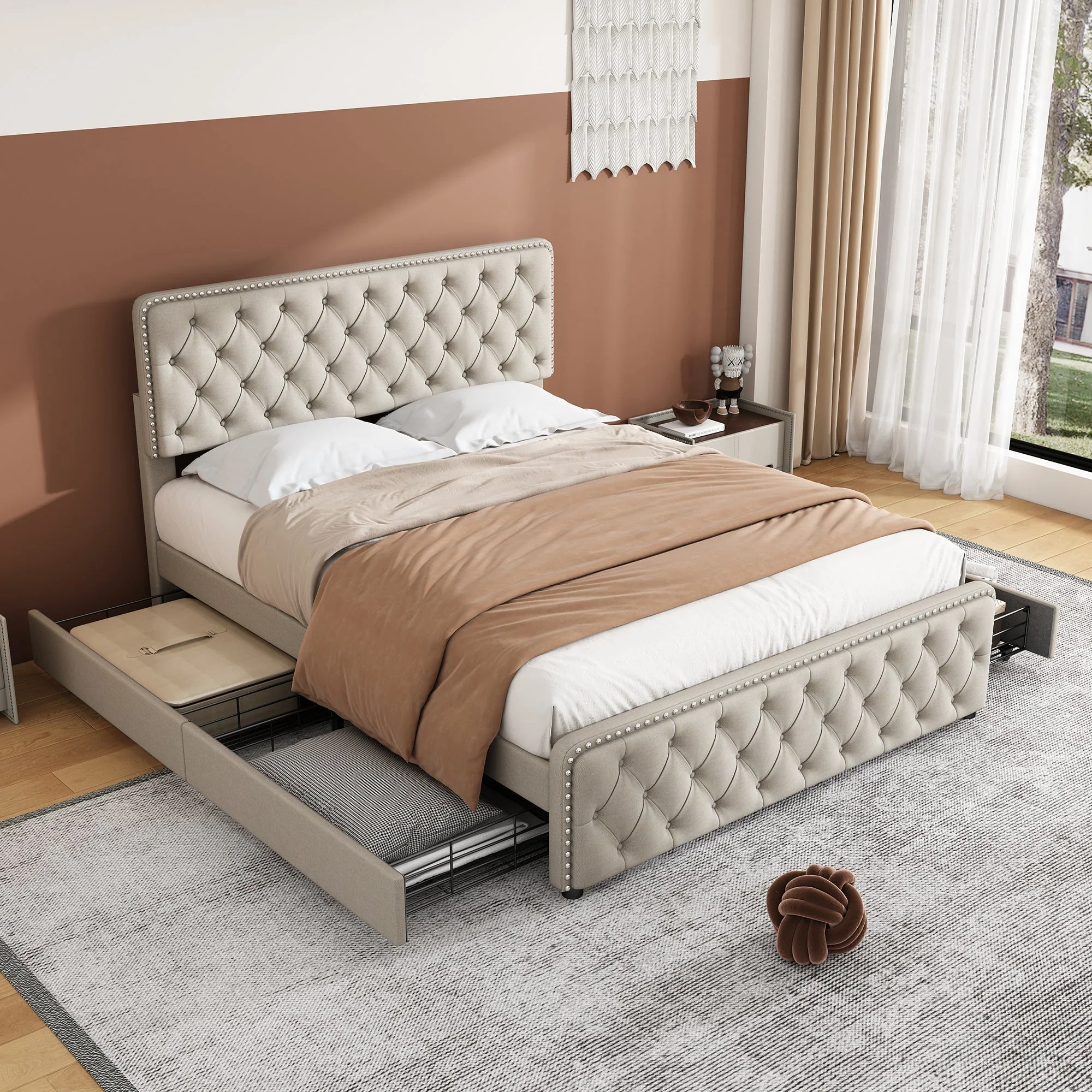 Upholstered Bed with Four Drawers and Adjustable Headboard, 140x200cm, Beige Linen - Image 6