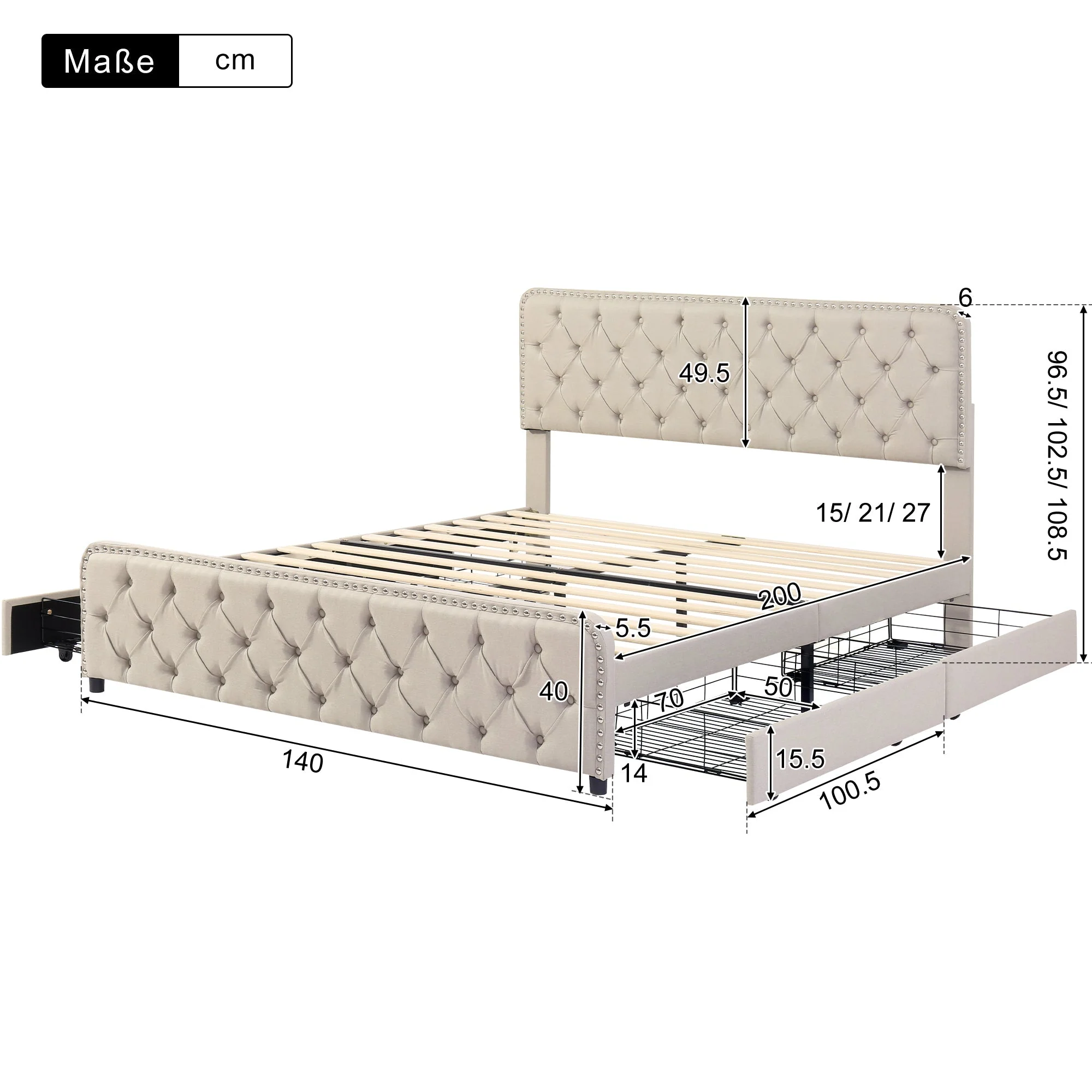 Upholstered Bed with Four Drawers and Adjustable Headboard, 140x200cm, Beige Linen - Image 7