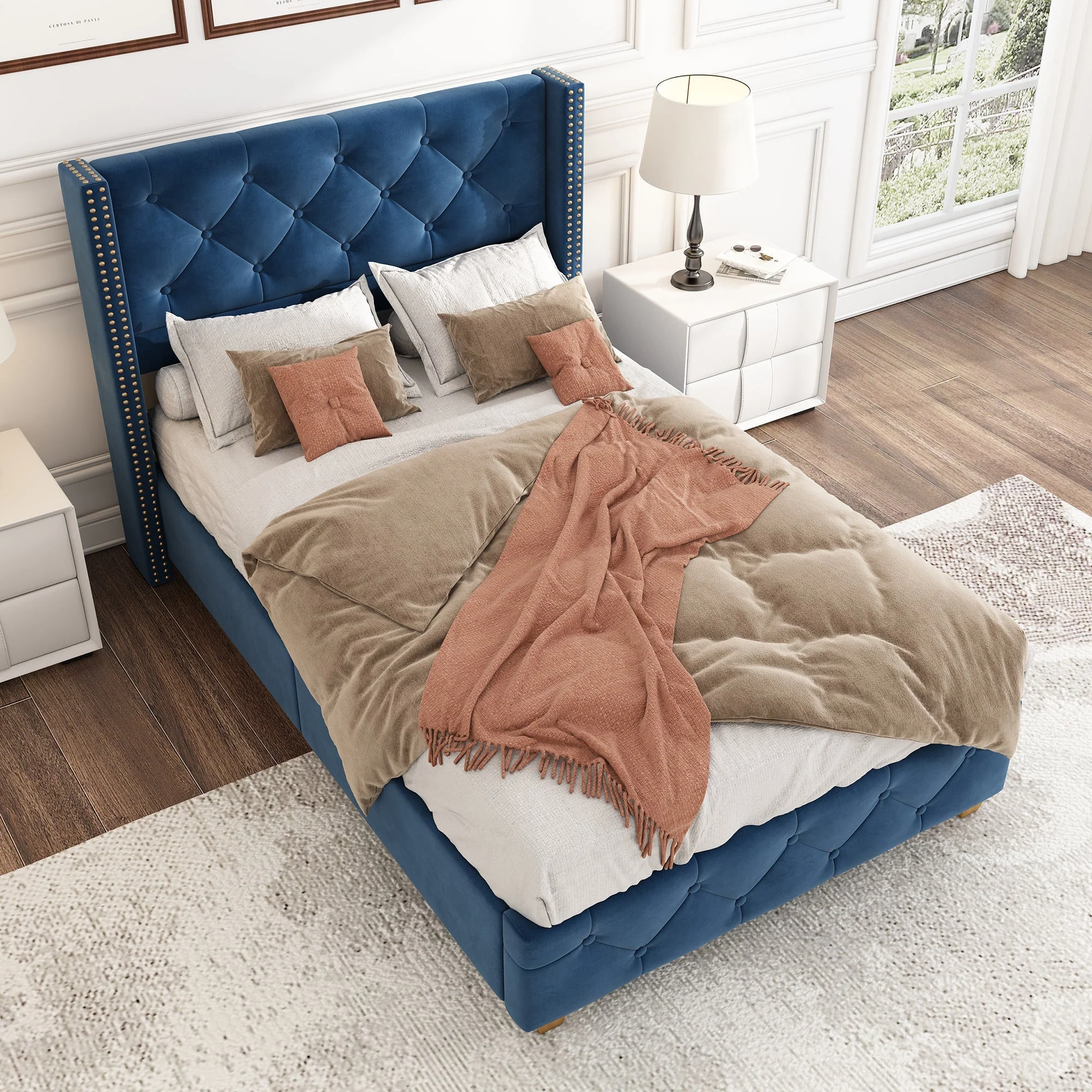Upholstered Bed with Headboard and Slatted Frame, 90x200cm, Blue Velvet - Image 6