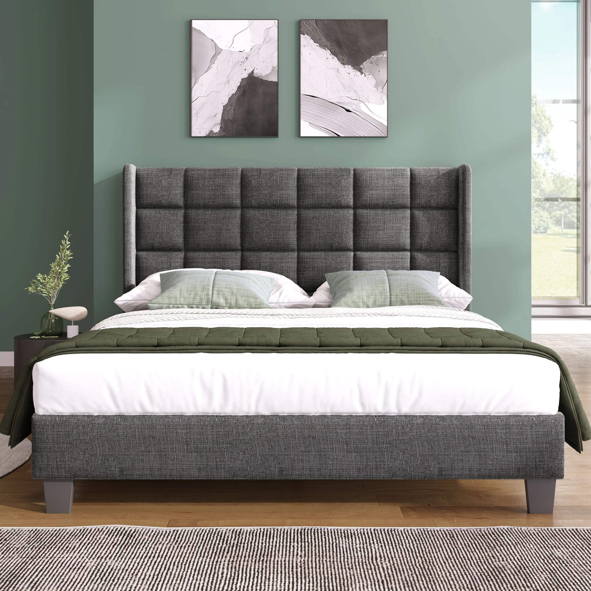 Upholstered Bed with Headboard, Slatted Frame, 140x200cm, Grey Linen - Image 3