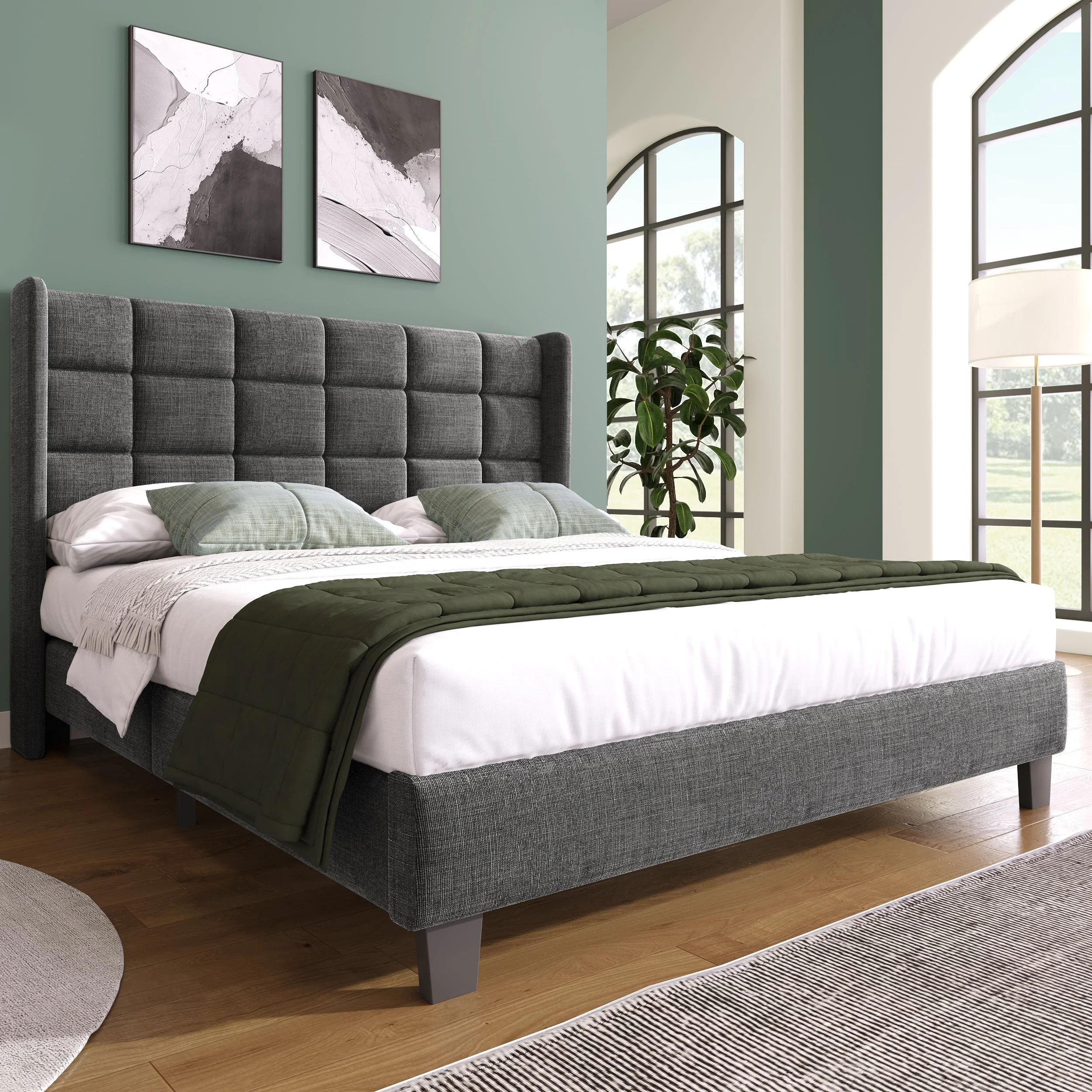 Upholstered Bed with Headboard, Slatted Frame, 140x200cm, Grey Linen - Image 4