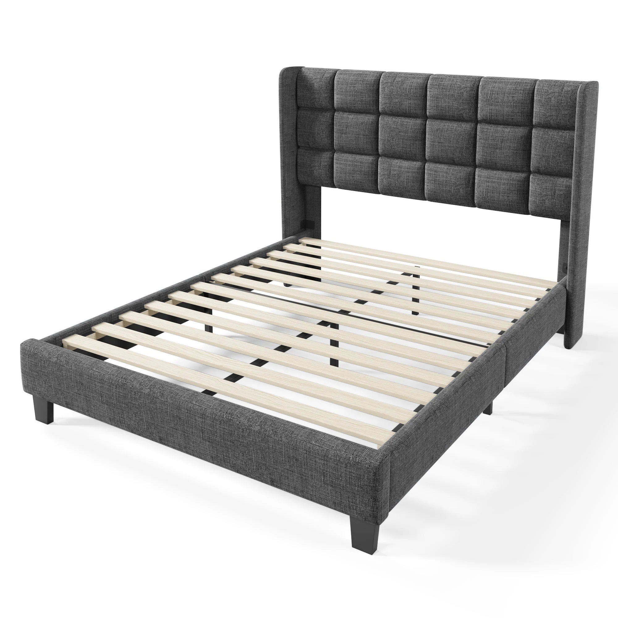 Upholstered Bed with Headboard, Slatted Frame, 140x200cm, Grey Linen - Image 5