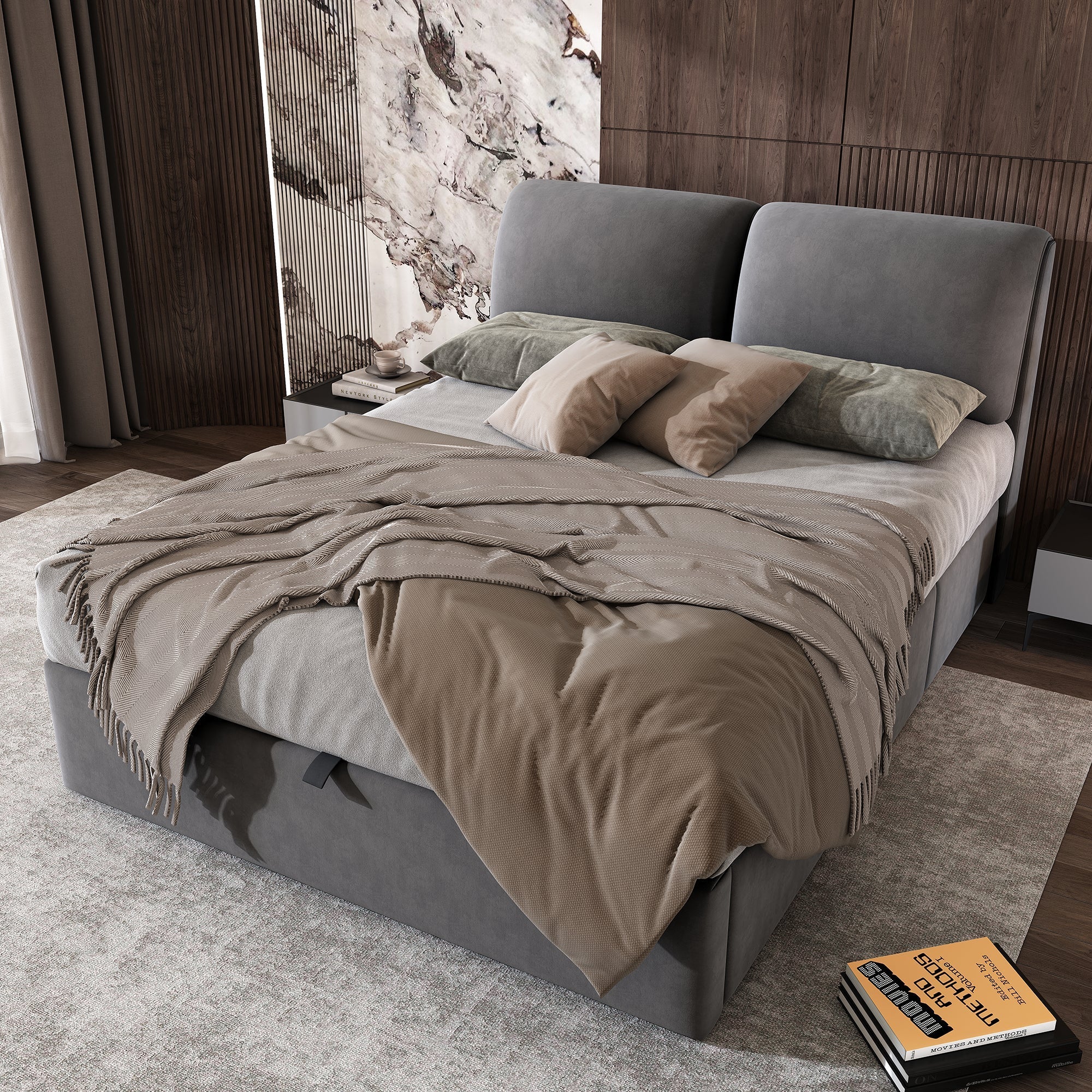 Upholstered Bed with Hydraulic Lift and 3 Drawers, 140x200 cm, Grey Velvet - Image 2