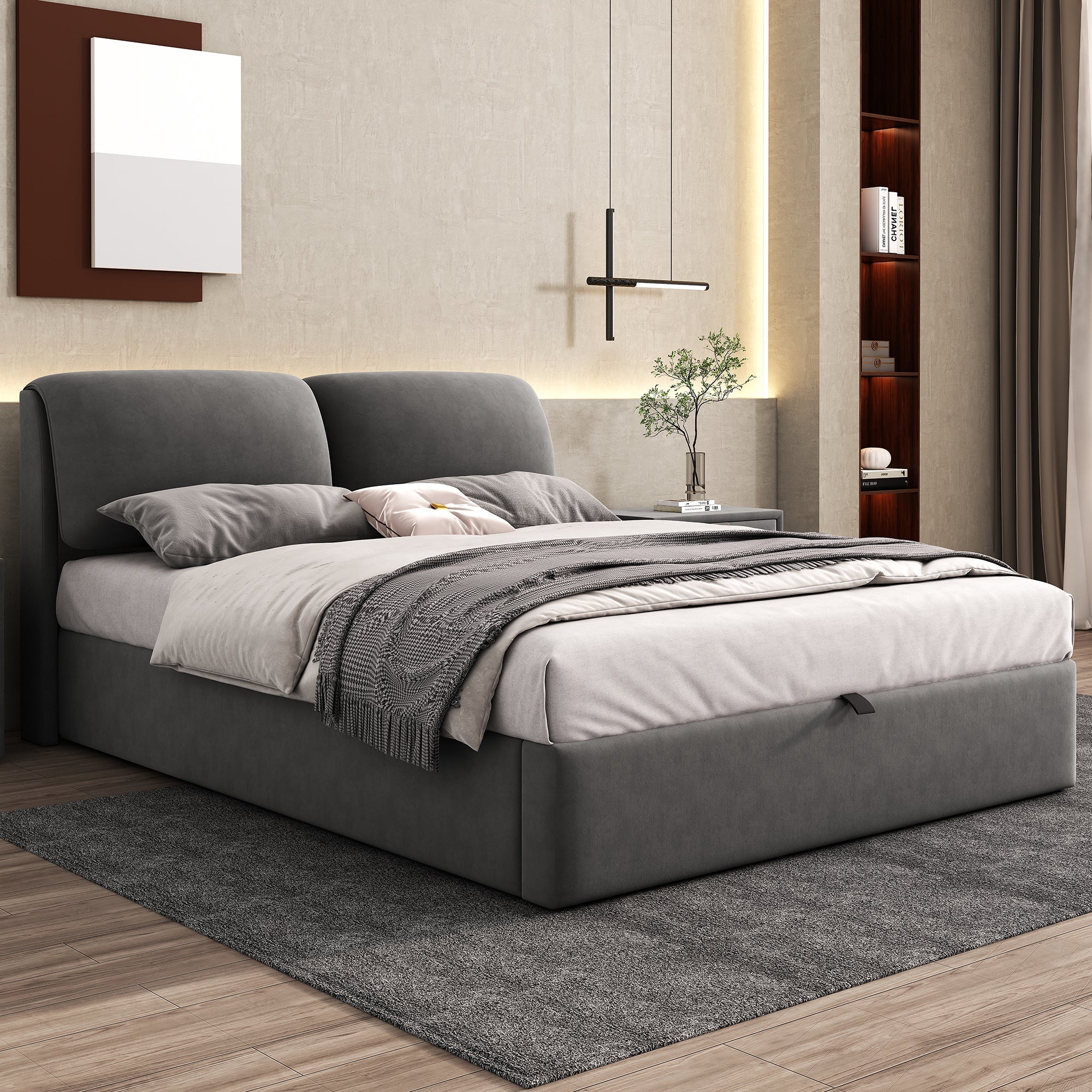 Upholstered Bed with Hydraulic Lift and 3 Drawers, 140x200 cm, Grey Velvet - Image 3
