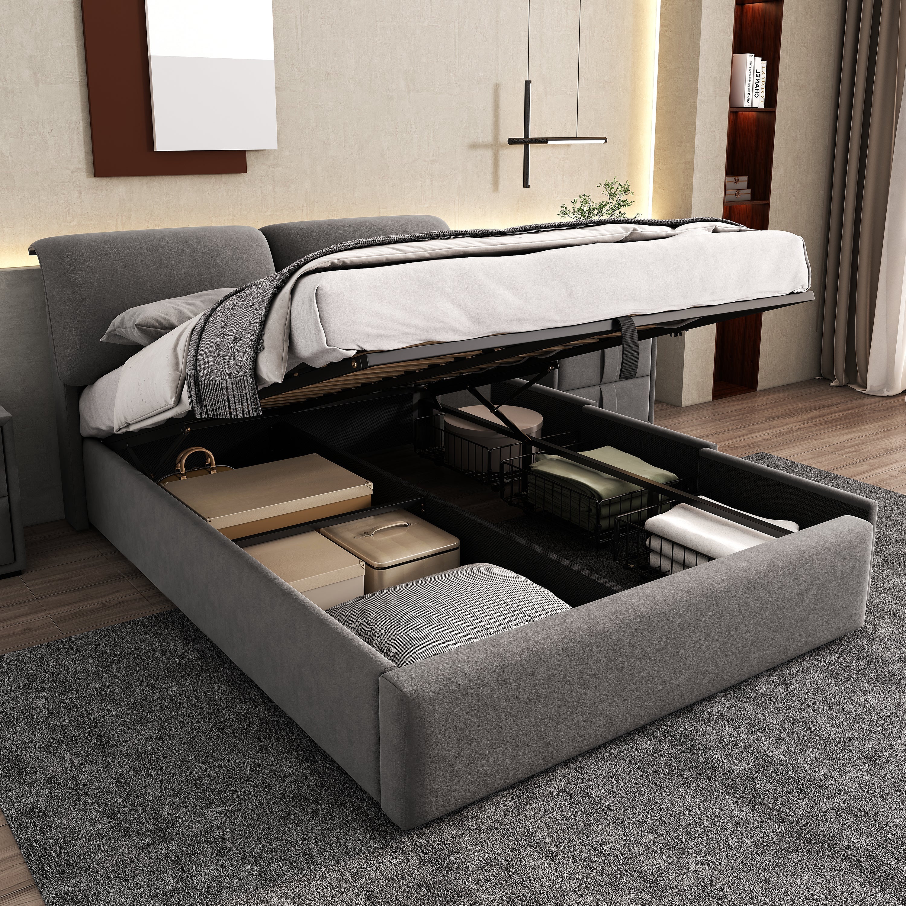 Upholstered Bed with Hydraulic Lift and 3 Drawers, 140x200 cm, Grey Velvet - Image 4