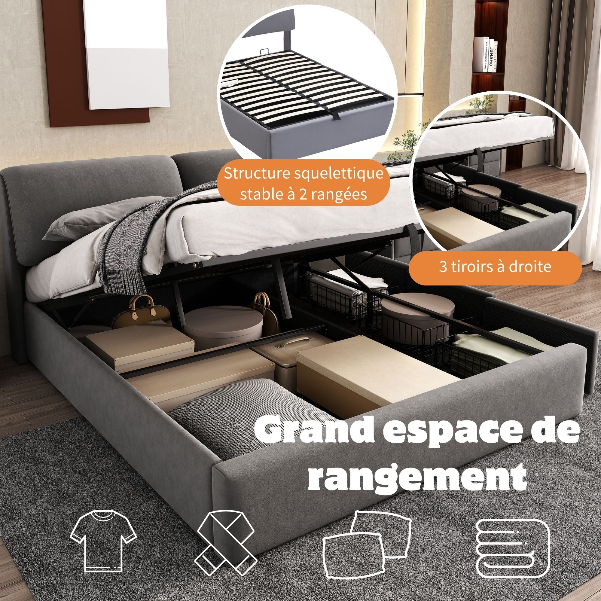 Upholstered Bed with Hydraulic Lift and 3 Drawers, 140x200 cm, Grey Velvet - Image 6