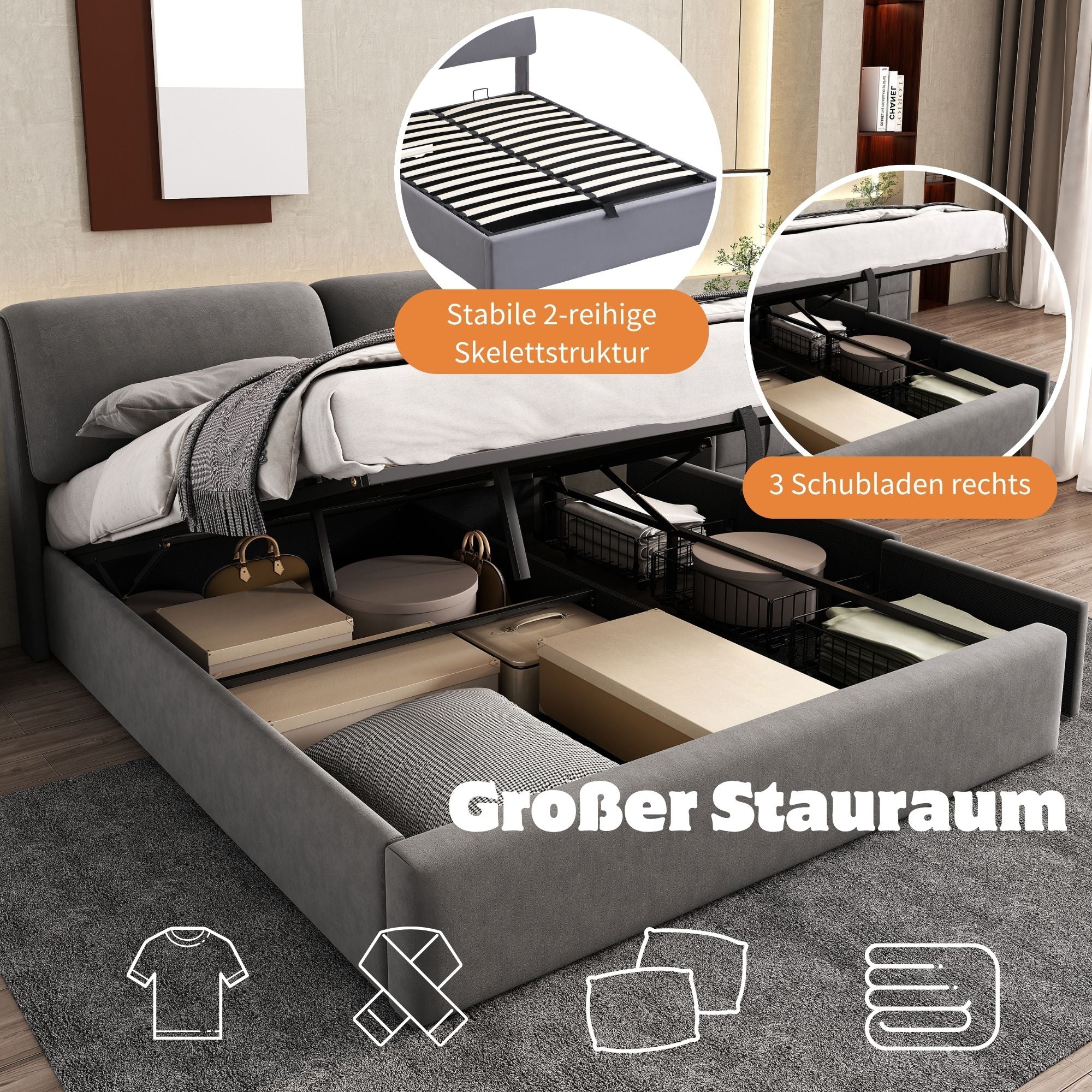 Upholstered Bed with Hydraulic Lift and 3 Drawers, 140x200 cm, Grey Velvet - Image 7