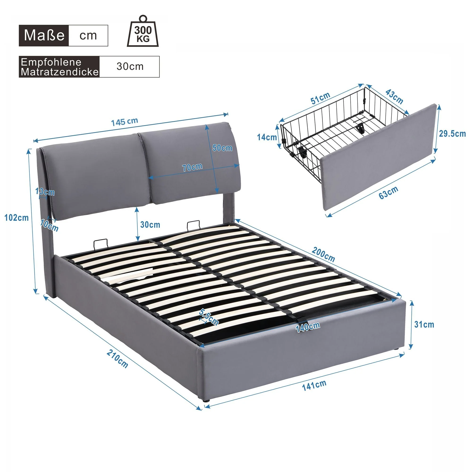 Upholstered Bed with Hydraulic Lift and 3 Drawers, 140x200 cm, Grey Velvet - Image 8
