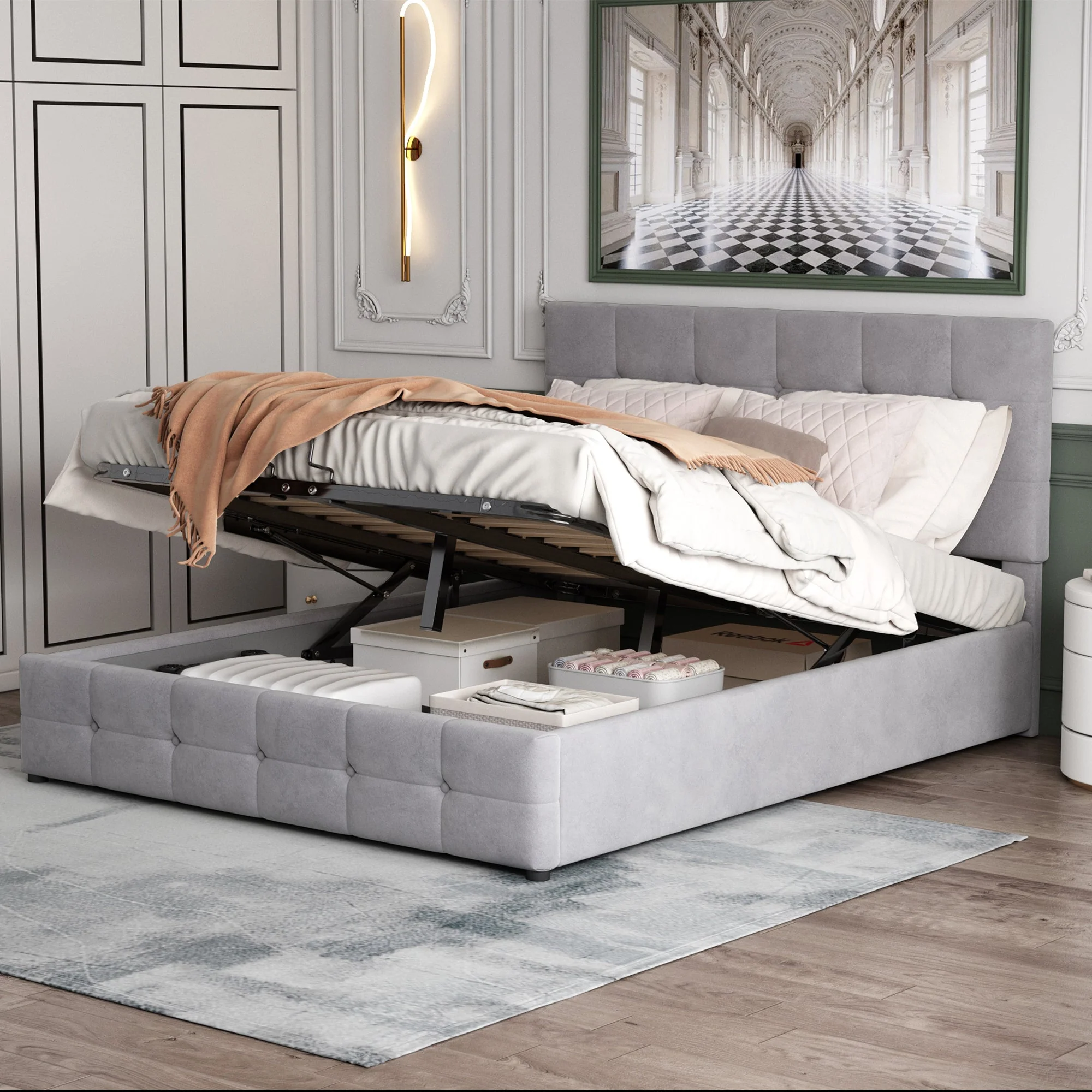 Upholstered Bed with Hydraulic Lift and Storage, Velvet Space-Saving Design, Multi-color - Image 9