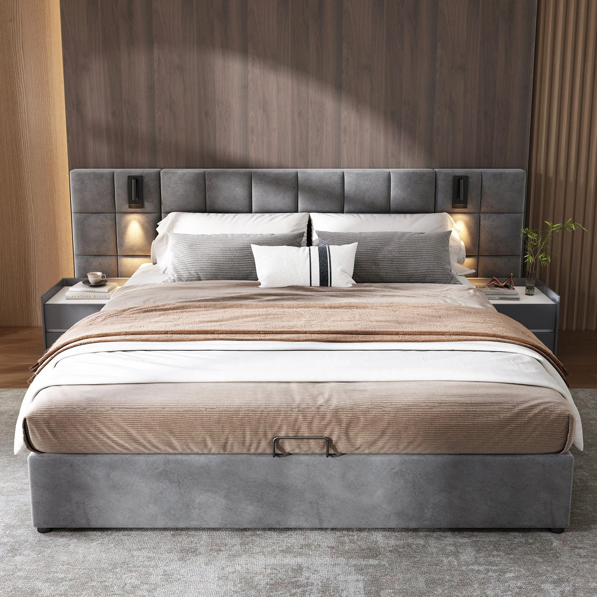 Upholstered Bed with Hydraulic Storage, Adjustable Lamp, USB and Checkerboard Headboard, 180x200cm, Grey Velvet - Image 3