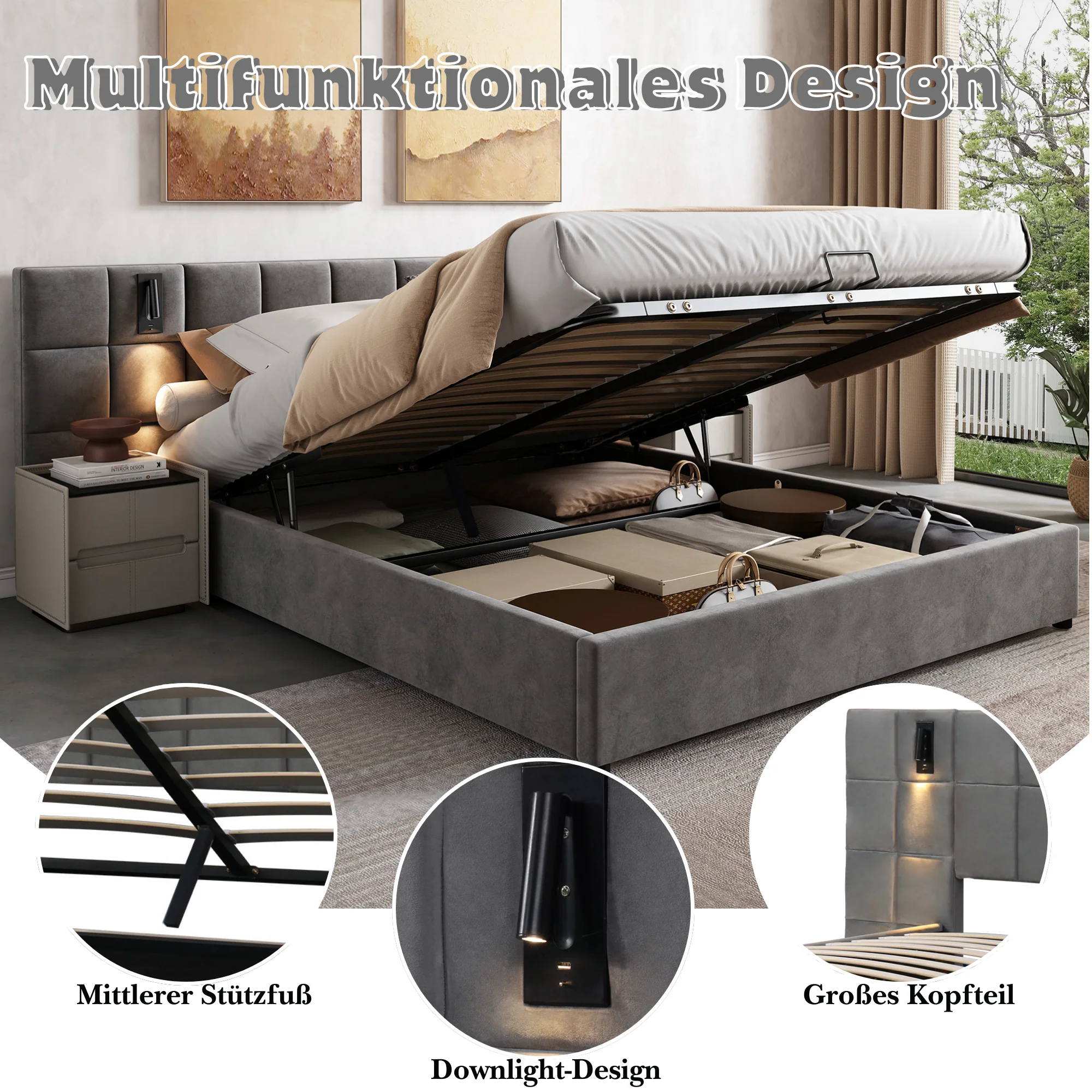 Upholstered Bed with Hydraulic Storage, Adjustable Lamp, USB and Checkerboard Headboard, 180x200cm, Grey Velvet - Image 7