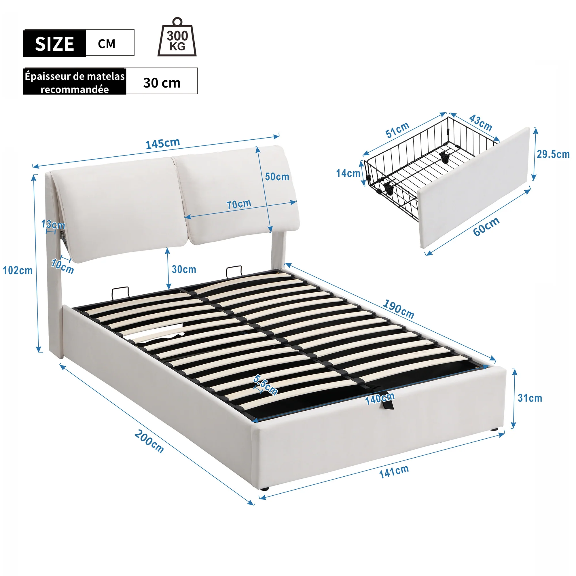 Upholstered Bed with Hydraulic Storage and 3 Drawers, 140x190cm, Beige Velvet - Image 8
