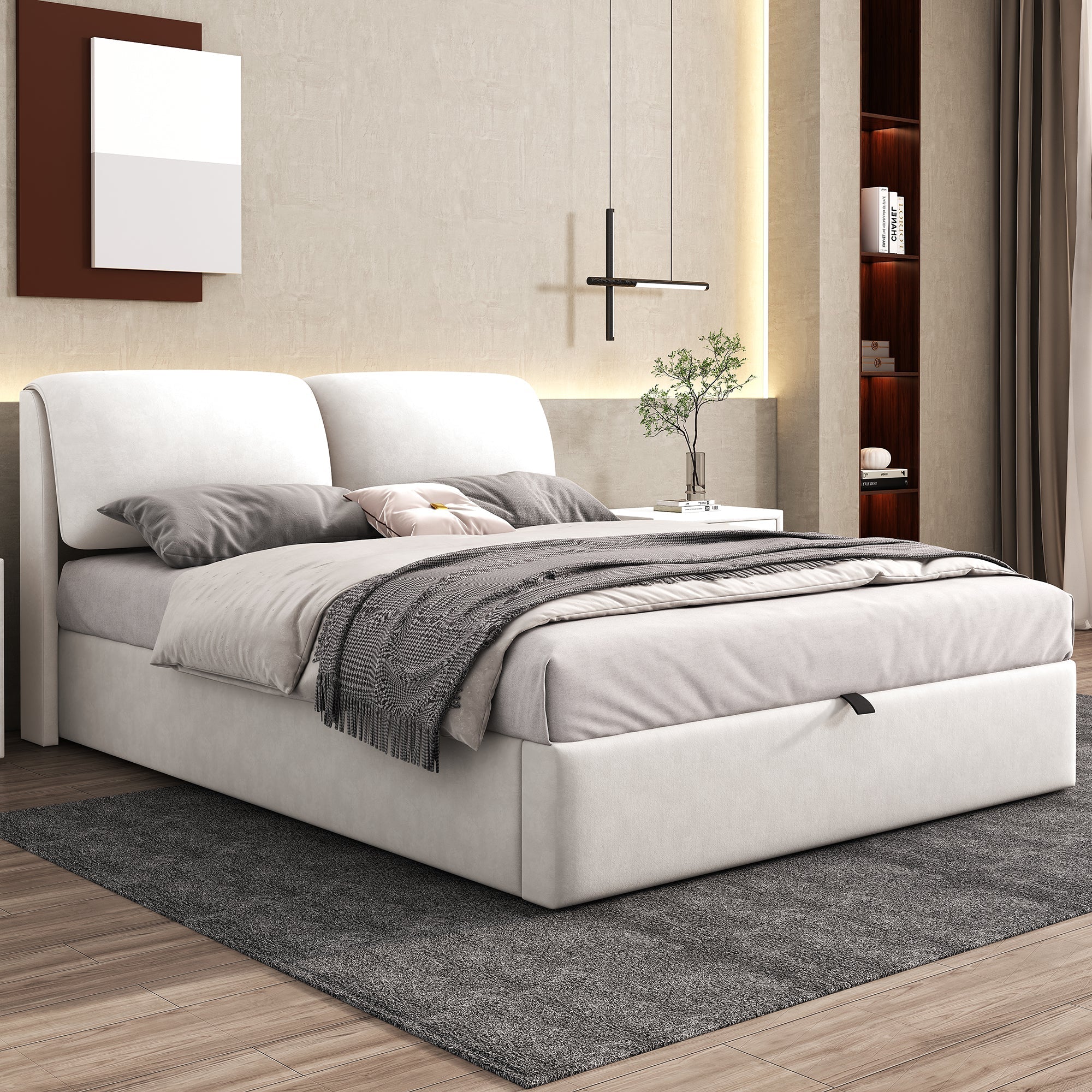 Upholstered Bed with Hydraulic Storage and 3 Drawers, 140x200cm, Beige Velvet - Image 4