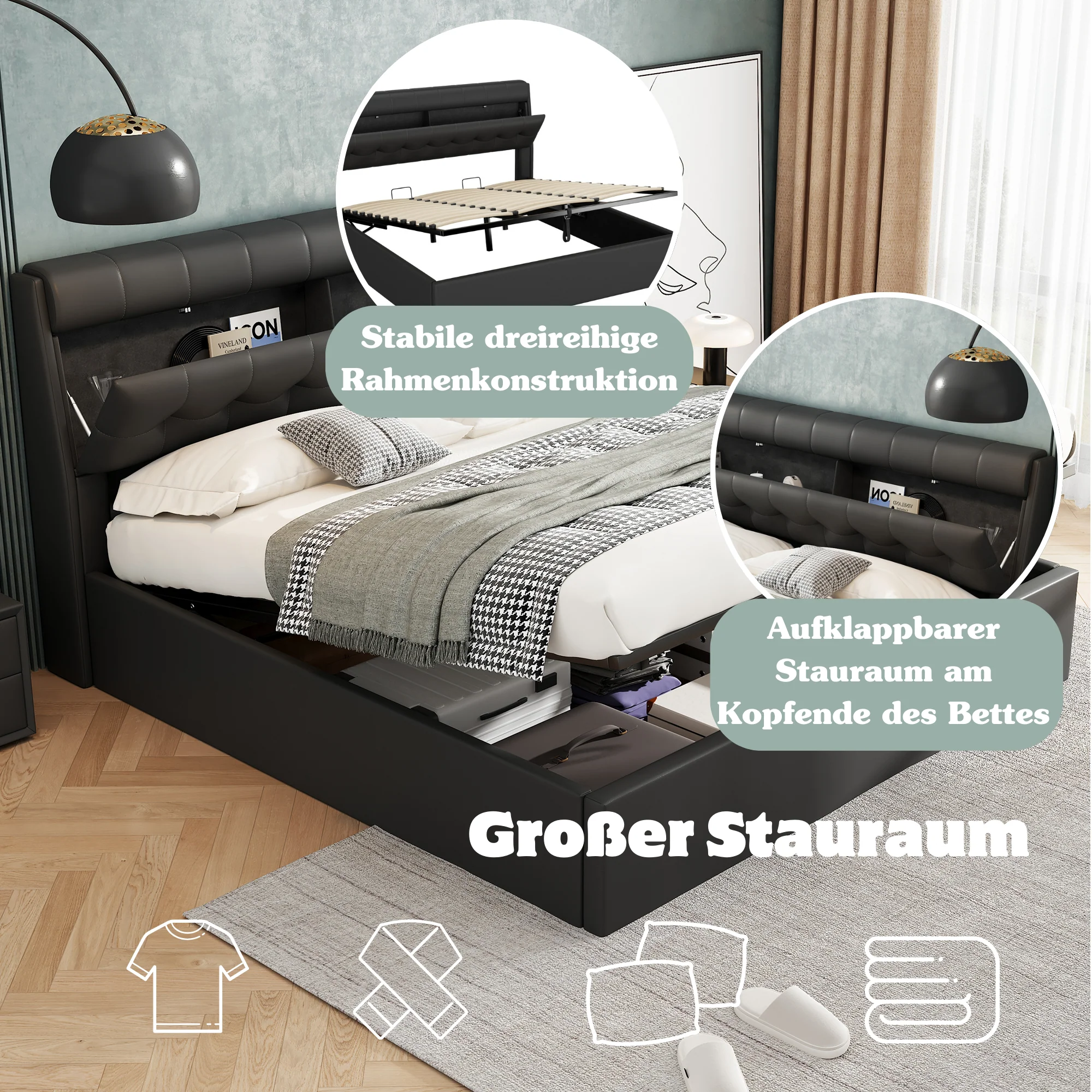Upholstered Bed with Hydraulic Storage and Concealed Headboard Shelf, 180x200cm, Black PU - Image 4